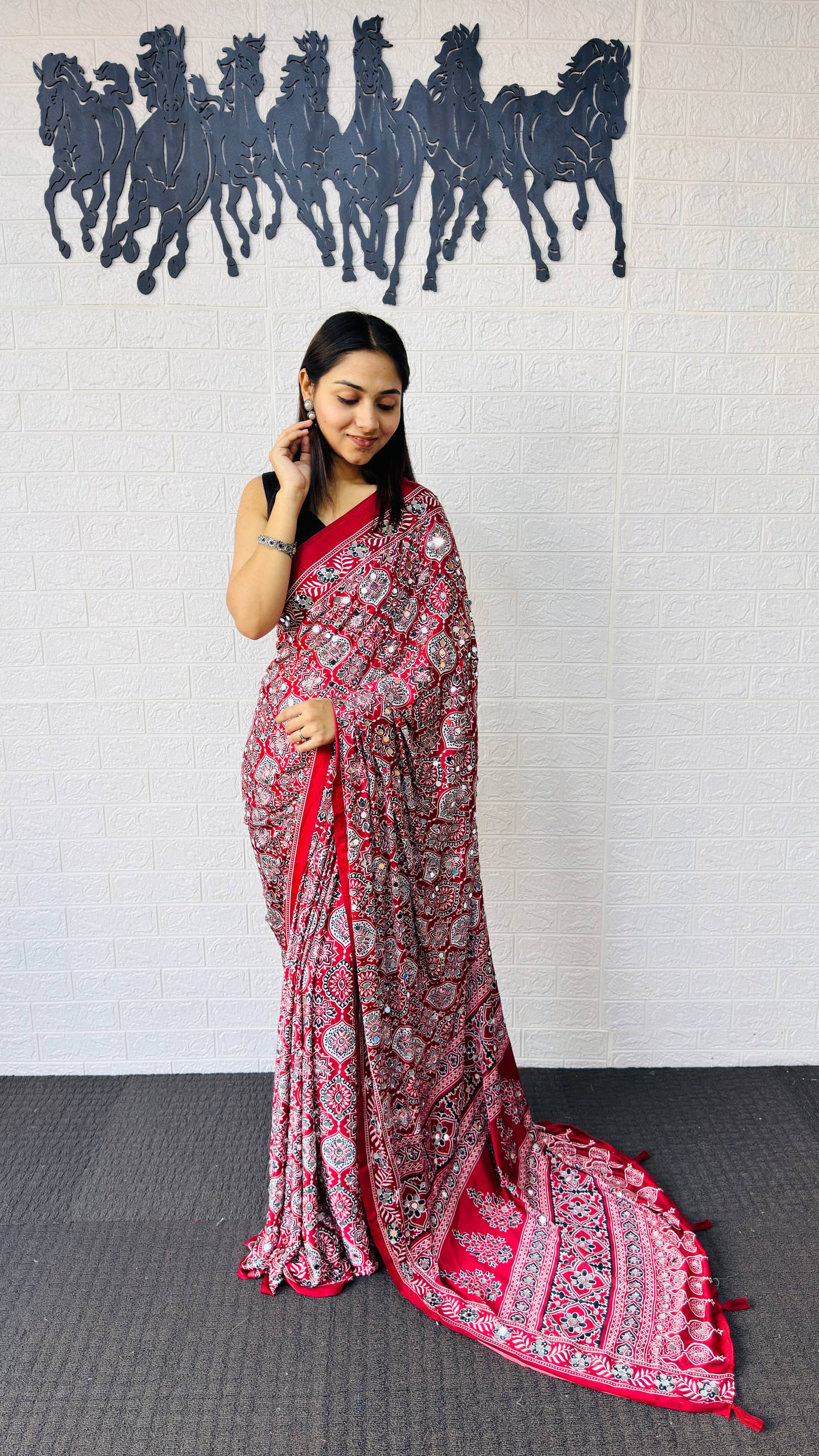 Charming Festive Wear Satin Silk Heavy Mirror n Latkan Pallu Designer Saree With Unstitched Blouse Piece