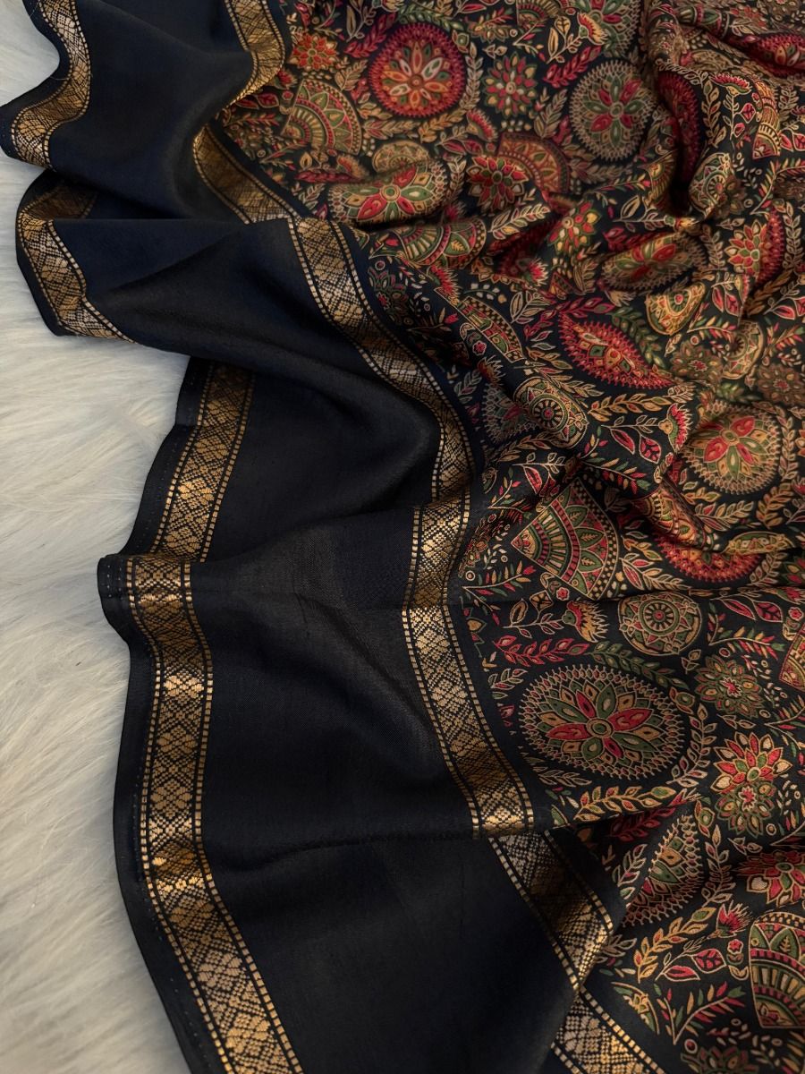 Divine Party Wear Pure Soft Tussar Kashmiri Silk Printed n Zari Work Border Rich Pallu Designer Saree With Unstitched Blouse