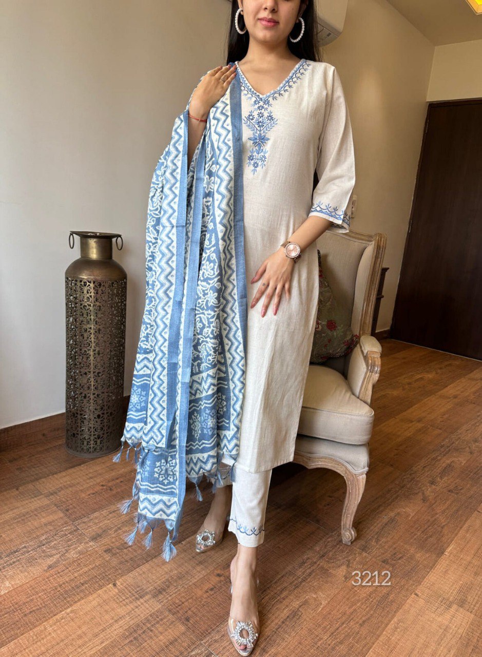 Scrupulous Festive Wear Cotton Embroidery Work Designer Straight Kurta With Trouser Dupatta Set