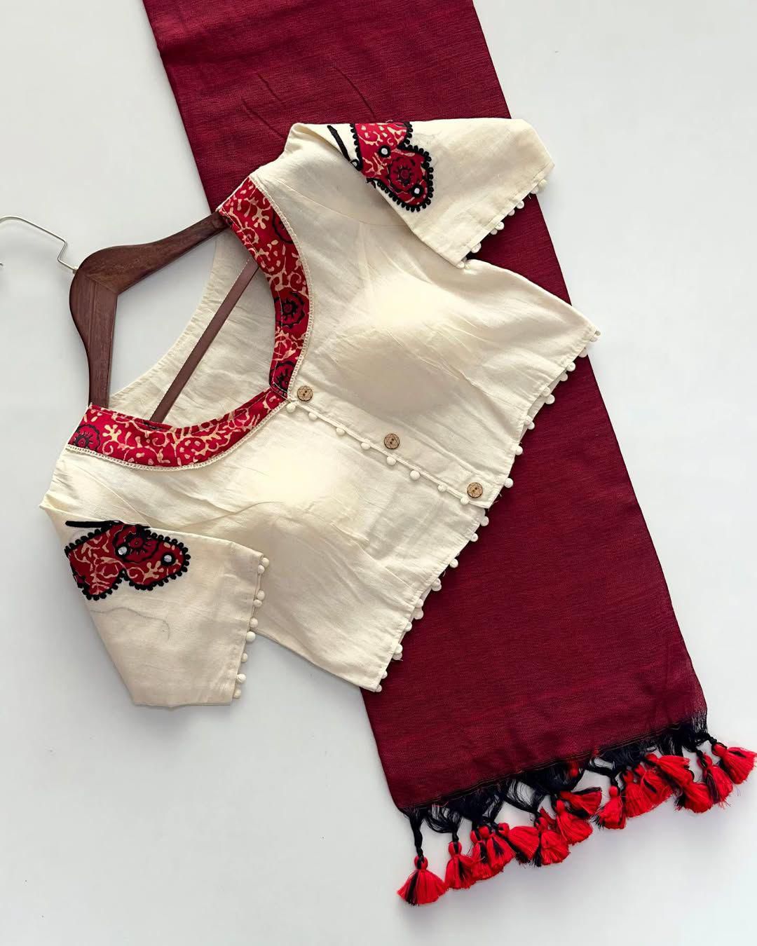 Latest Cotton Fabric Tussels Work Fancy Designer Function Wear Saree With Stitched Blouse