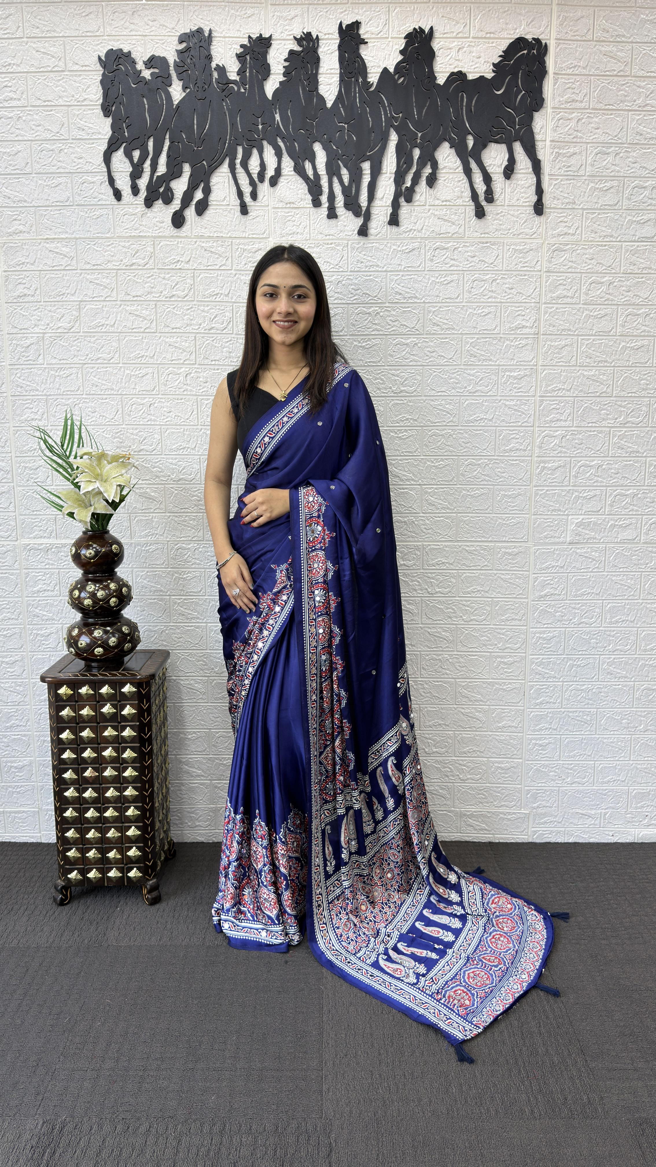 Divine Function Wear Satin Silk Heavy Mirror n Latkan Pallu Designer Saree With Unstitched Blouse Piece