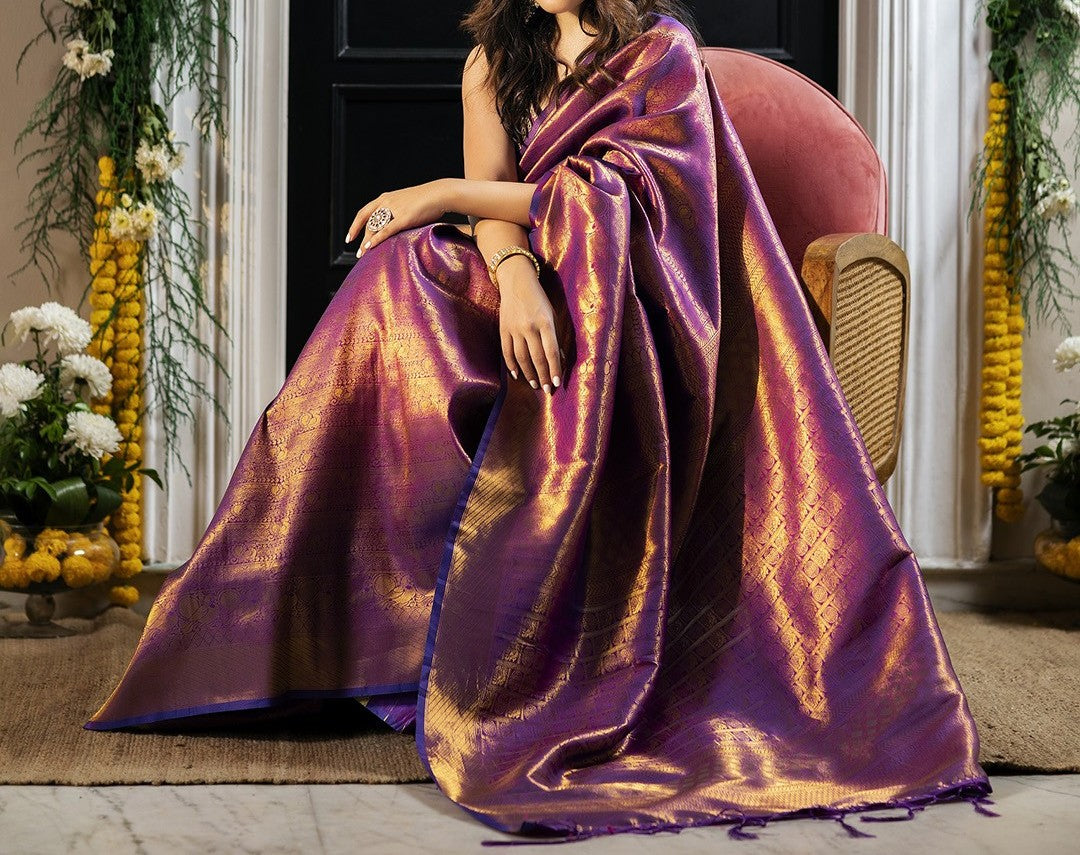 Latest Purple Color Kanjivaram Silk Jacquard Weaving Work Wedding Wear Designer Saree