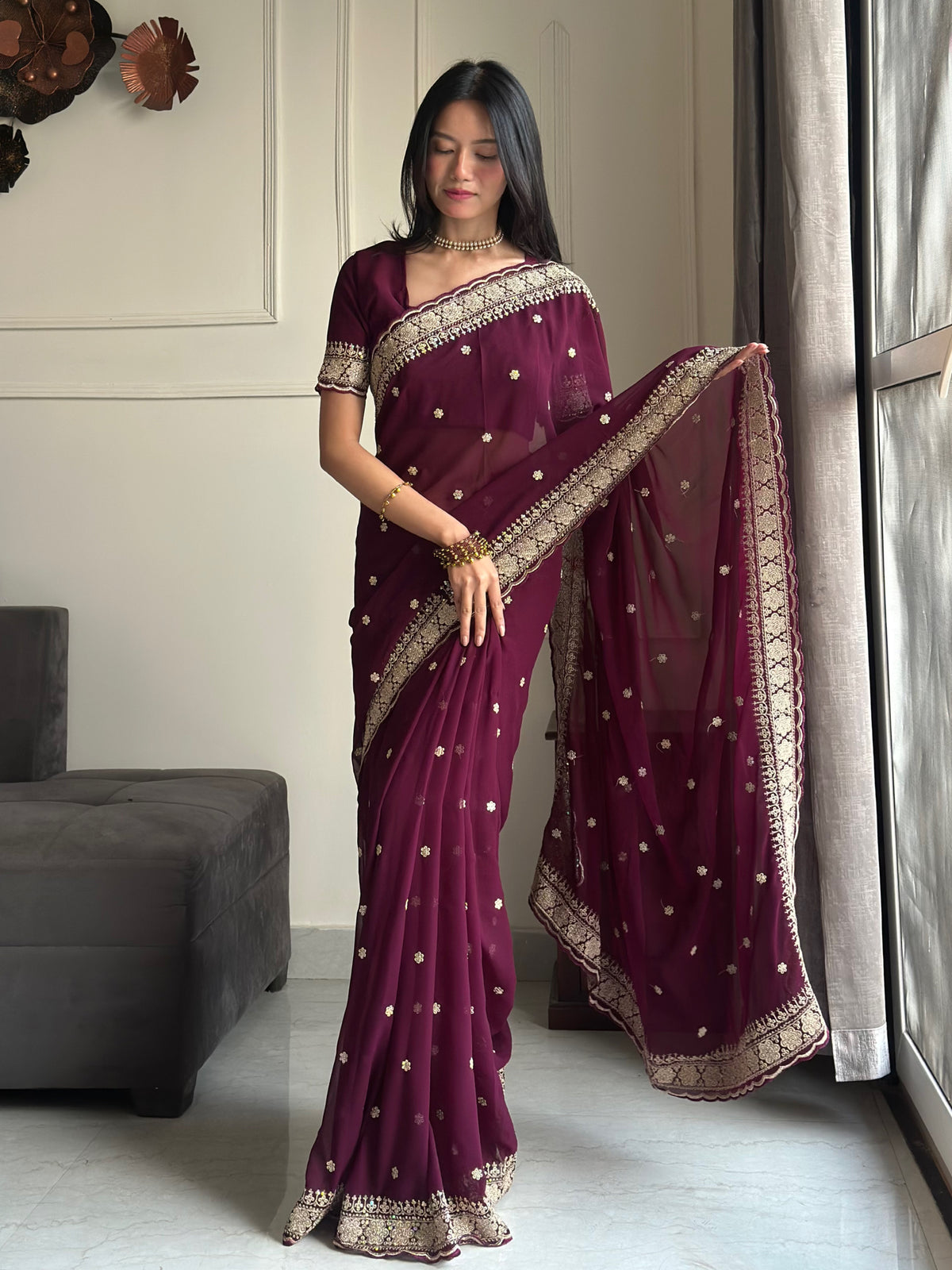 Exquisite Party Wear Soft Faux Georgette Embroidery n Sequence Zari Work Fancy Designer Saree With Unstithced Blouse Piece