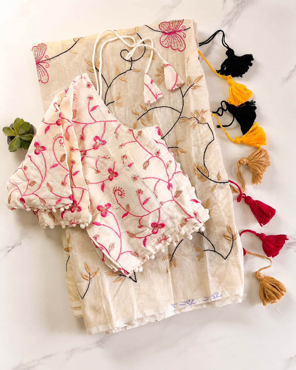 Marvellous Festive Wear Chanderi Cotton Embroidery n Tussels Work Fancy Saree With Stitched Blouse