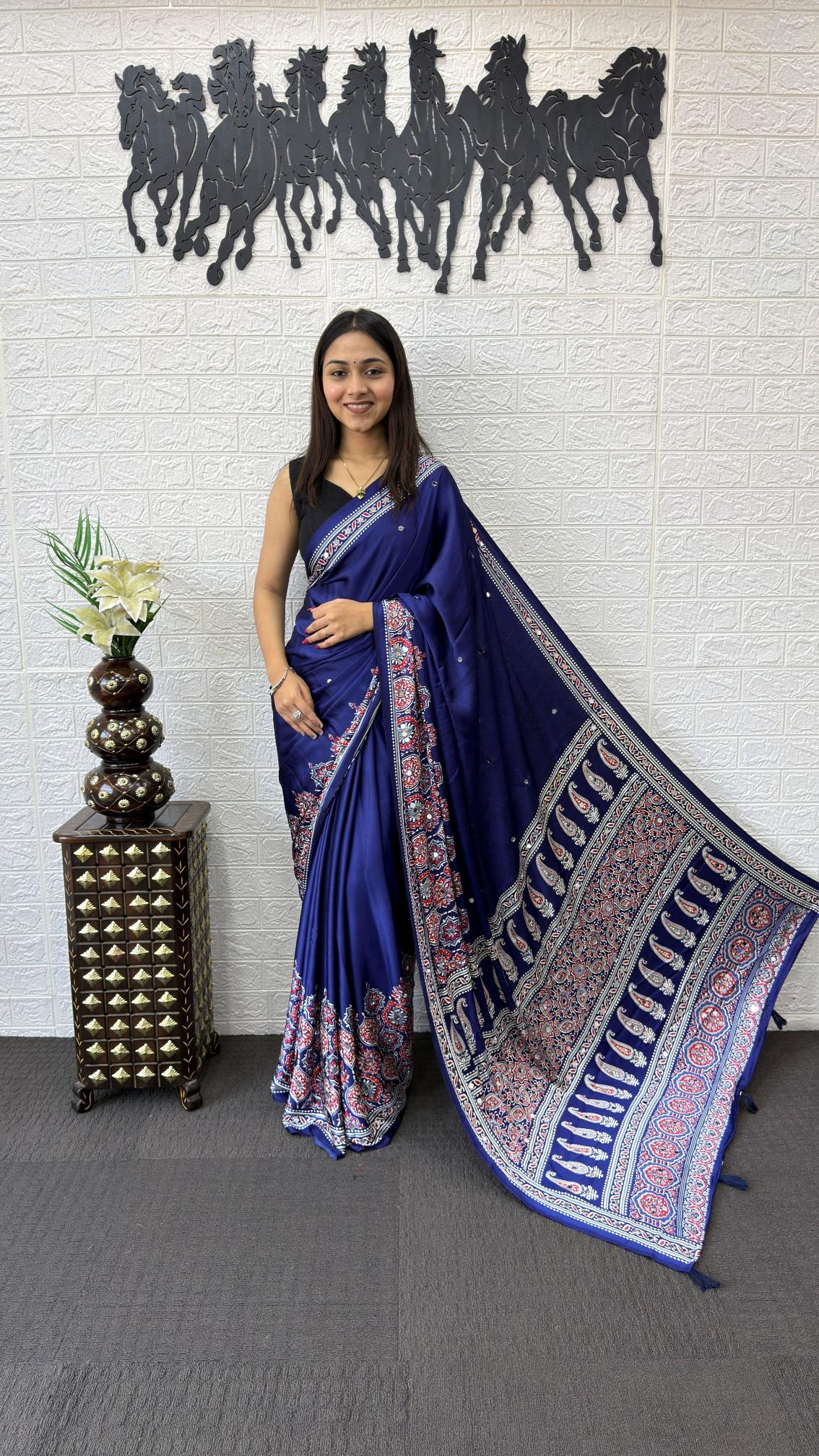 Divine Function Wear Satin Silk Heavy Mirror n Latkan Pallu Designer Saree With Unstitched Blouse Piece