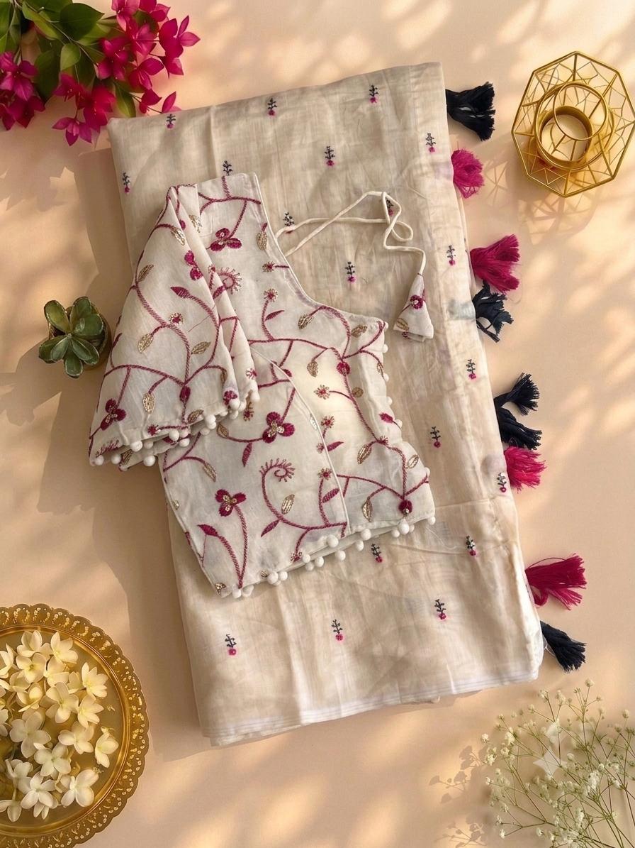 Desiring Function Wear Chanderi Cotton Embroidery n Tussels Work Designer Saree With Stitched Blouse