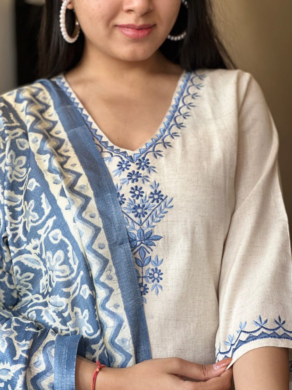 Scrupulous Festive Wear Cotton Embroidery Work Designer Straight Kurta With Trouser Dupatta Set