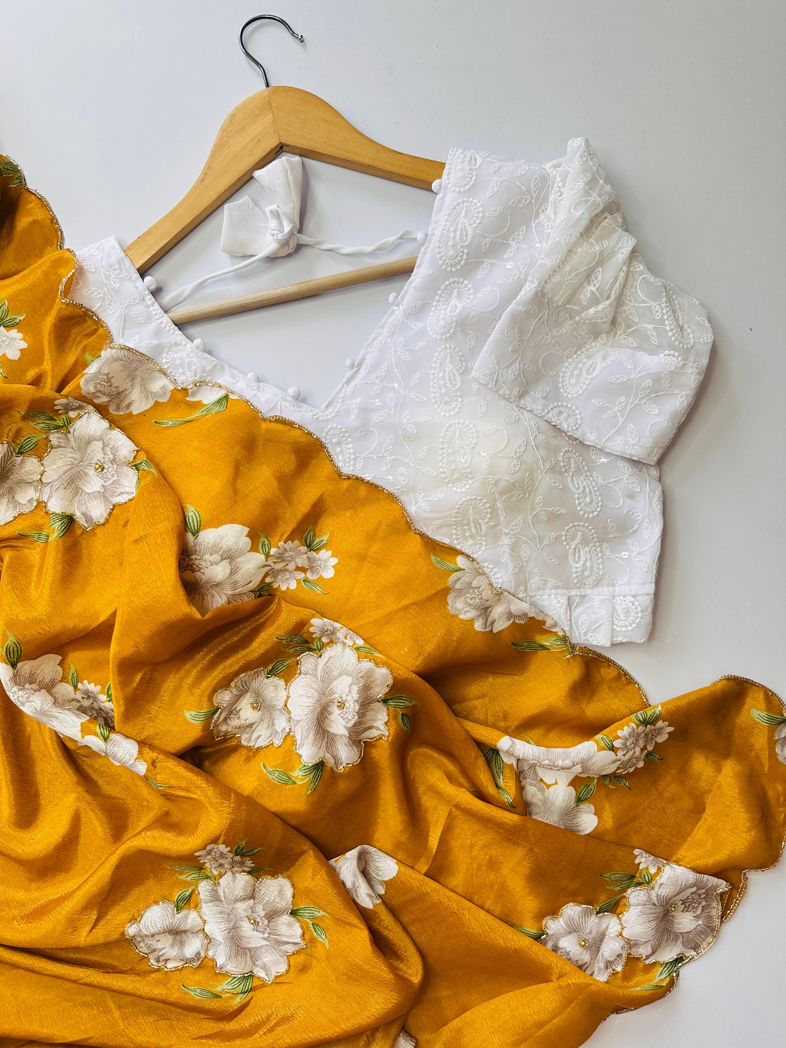 Heavy Pure Chinnon Fabric Flower Print with Handwork Fancy Designer Saree With Unstitched Blouse Piece
