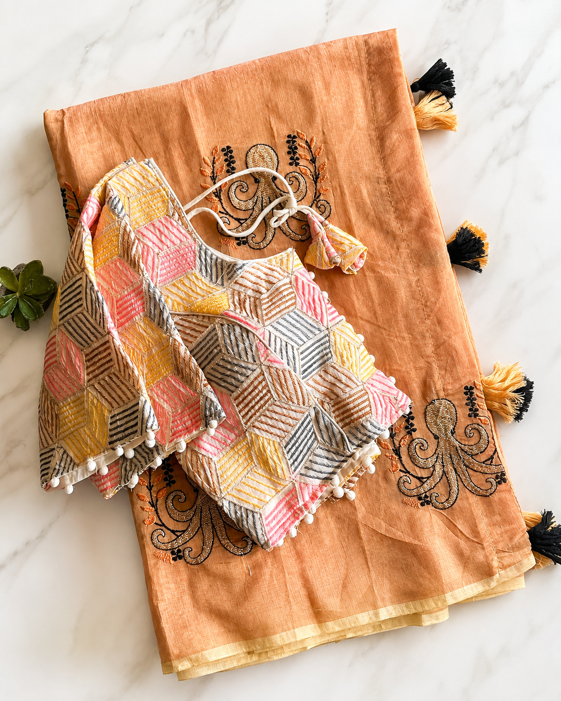 Desiring Function Wear Chanderi Cotton Embroidery n Tussels Work Fancy Saree With Stitched Blouse
