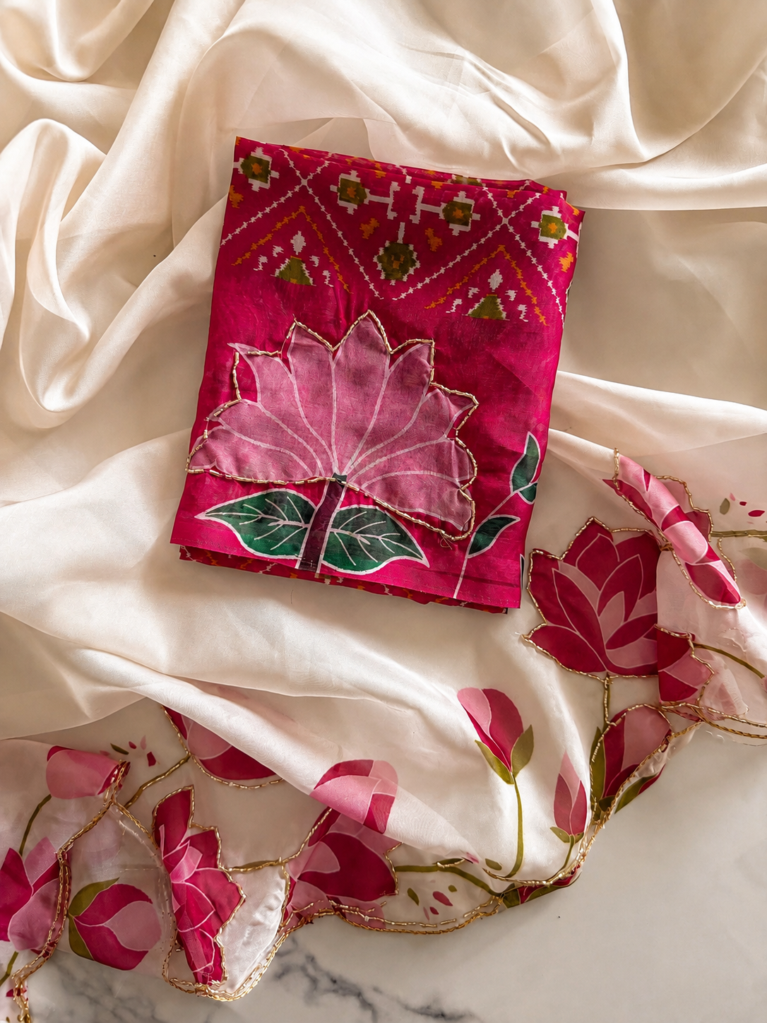 Glamorous Wedding Wear Pure Soft Silk Floral Prints n Handwork Designer Saree With Contrast Blouse Piece
