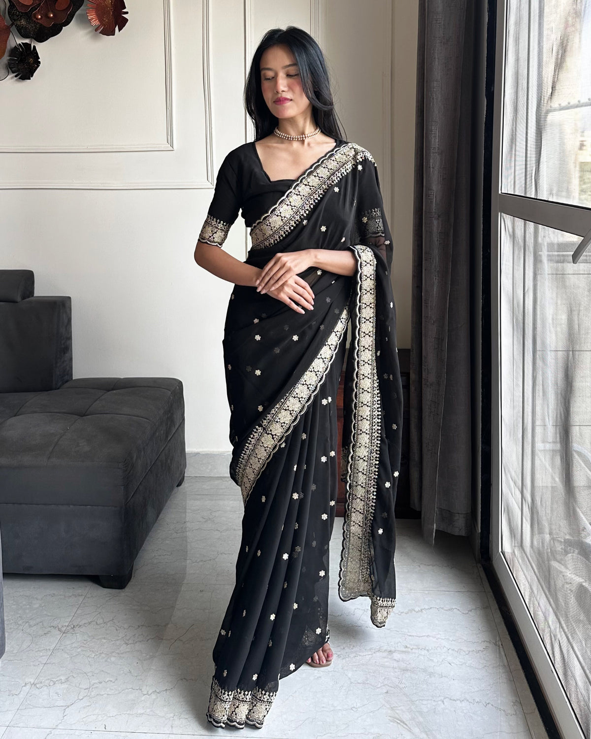 Exquisite Party Wear Soft Faux Georgette Embroidery n Sequence Zari Work Fancy Designer Saree With Unstithced Blouse Piece