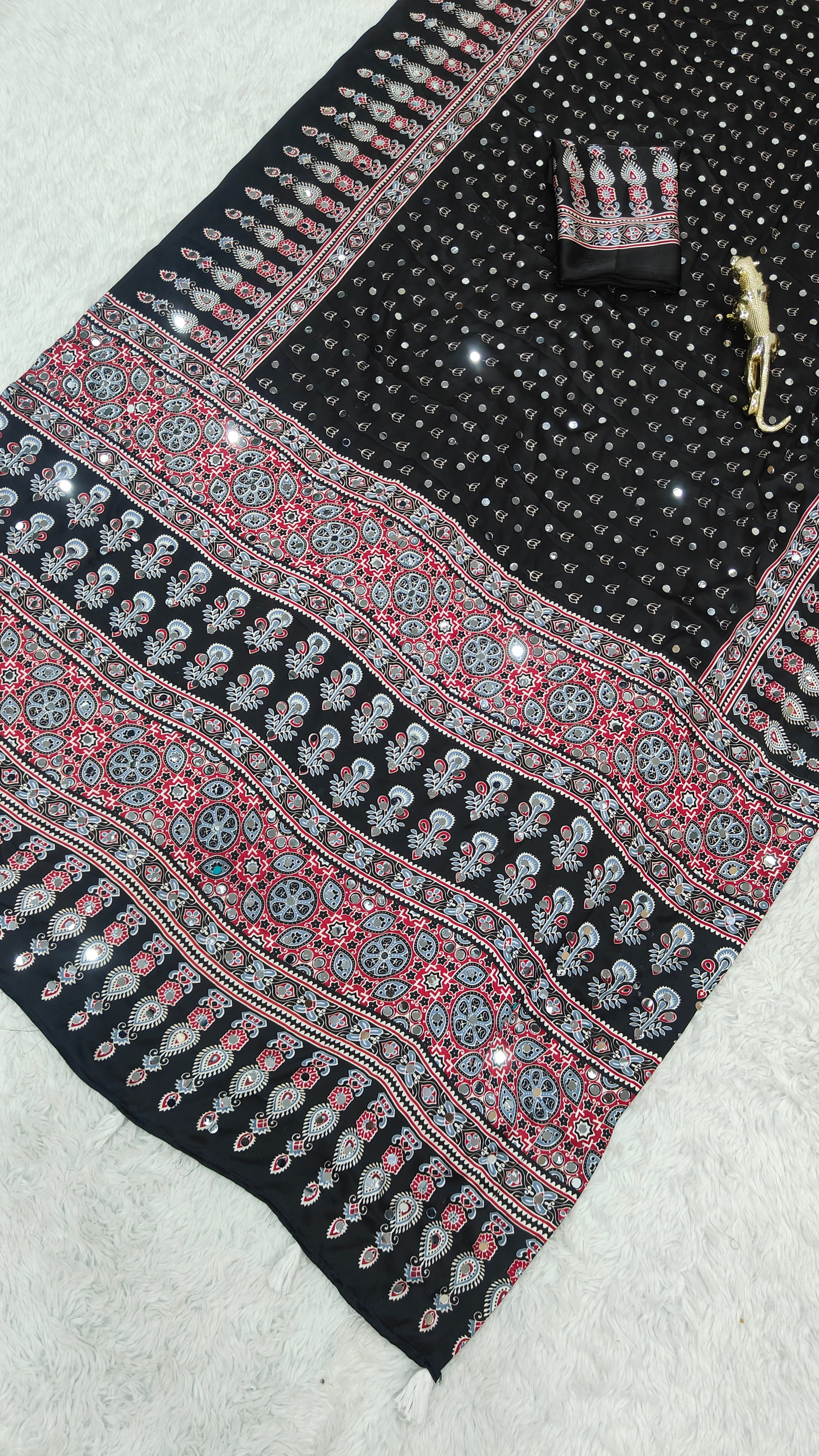 Opulent Wedding Wear Satin Silk Heavy Mirror n Latkan Pallu Border Fancy Saree With Blouse Piece