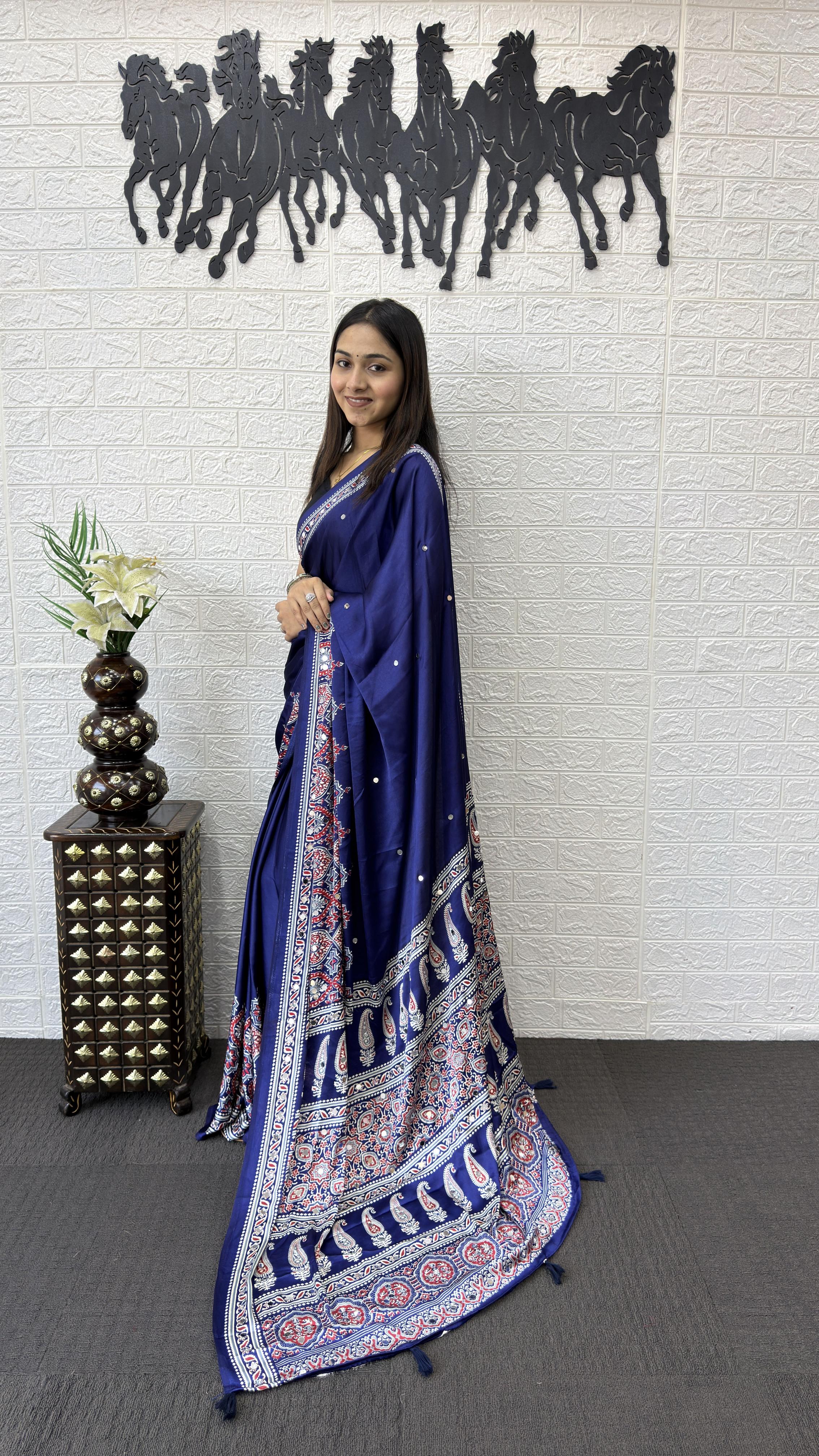 Divine Function Wear Satin Silk Heavy Mirror n Latkan Pallu Designer Saree With Unstitched Blouse Piece