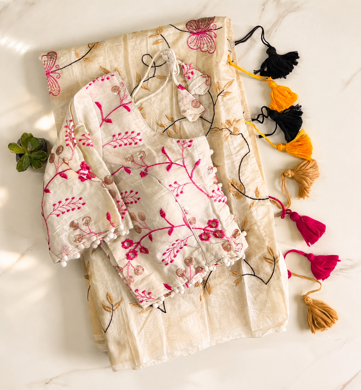 Marvellous Festive Wear Chanderi Cotton Embroidery n Tussels Work Fancy Saree With Stitched Blouse