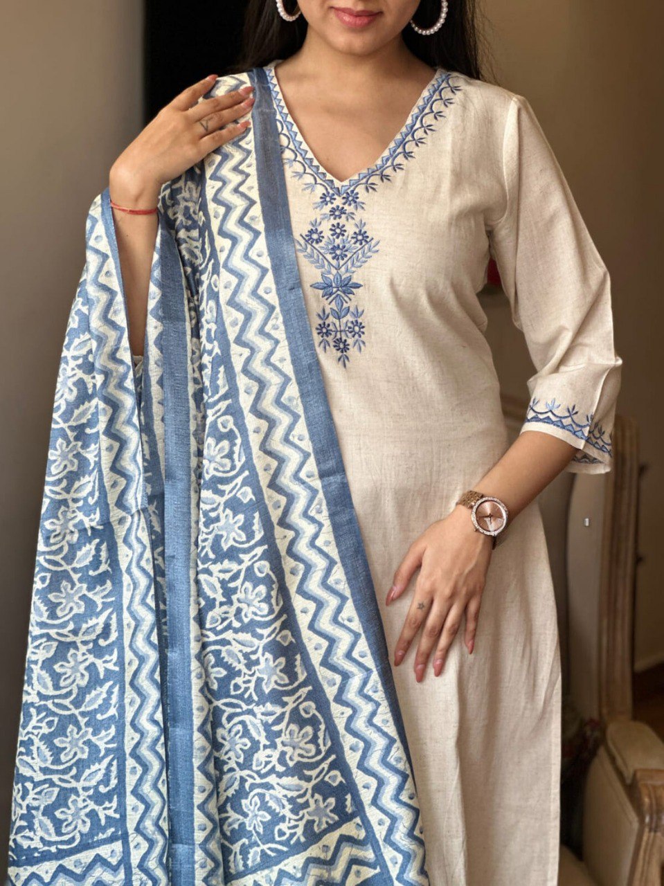 Scrupulous Festive Wear Cotton Embroidery Work Designer Straight Kurta With Trouser Dupatta Set