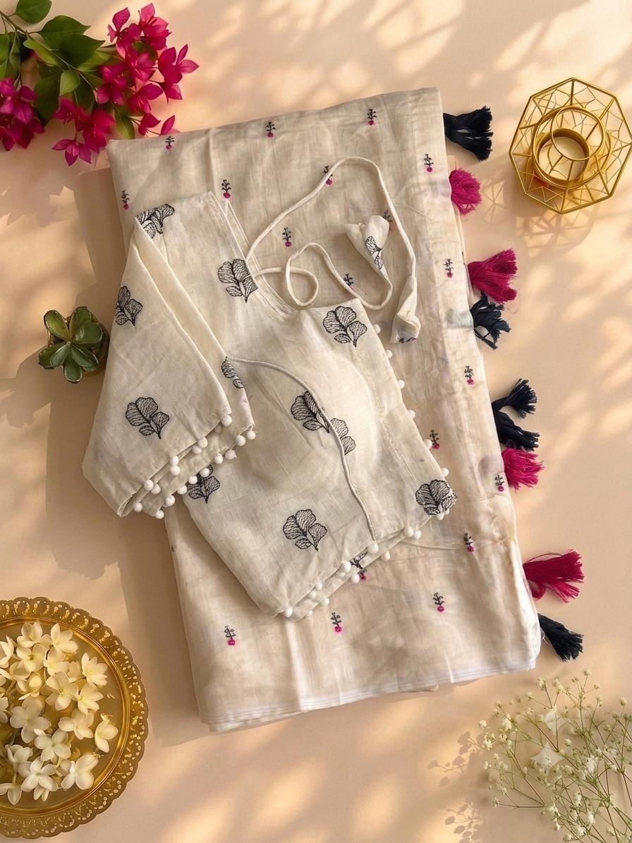 Desiring Function Wear Chanderi Cotton Embroidery n Tussels Work Designer Saree With Stitched Blouse