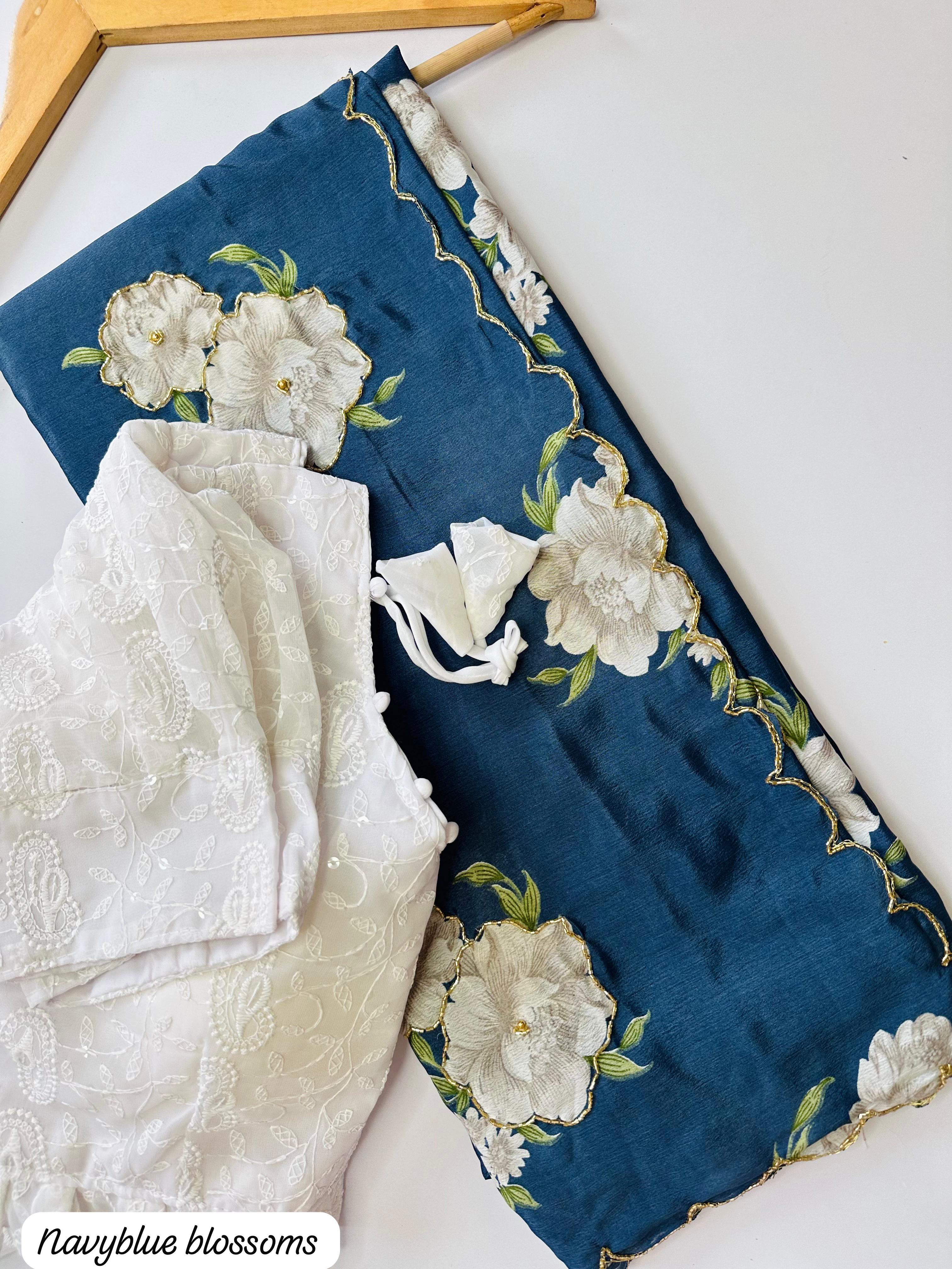 Heavy Pure Chinnon Fabric Flower Print with Handwork Fancy Designer Saree With Unstitched Blouse Piece