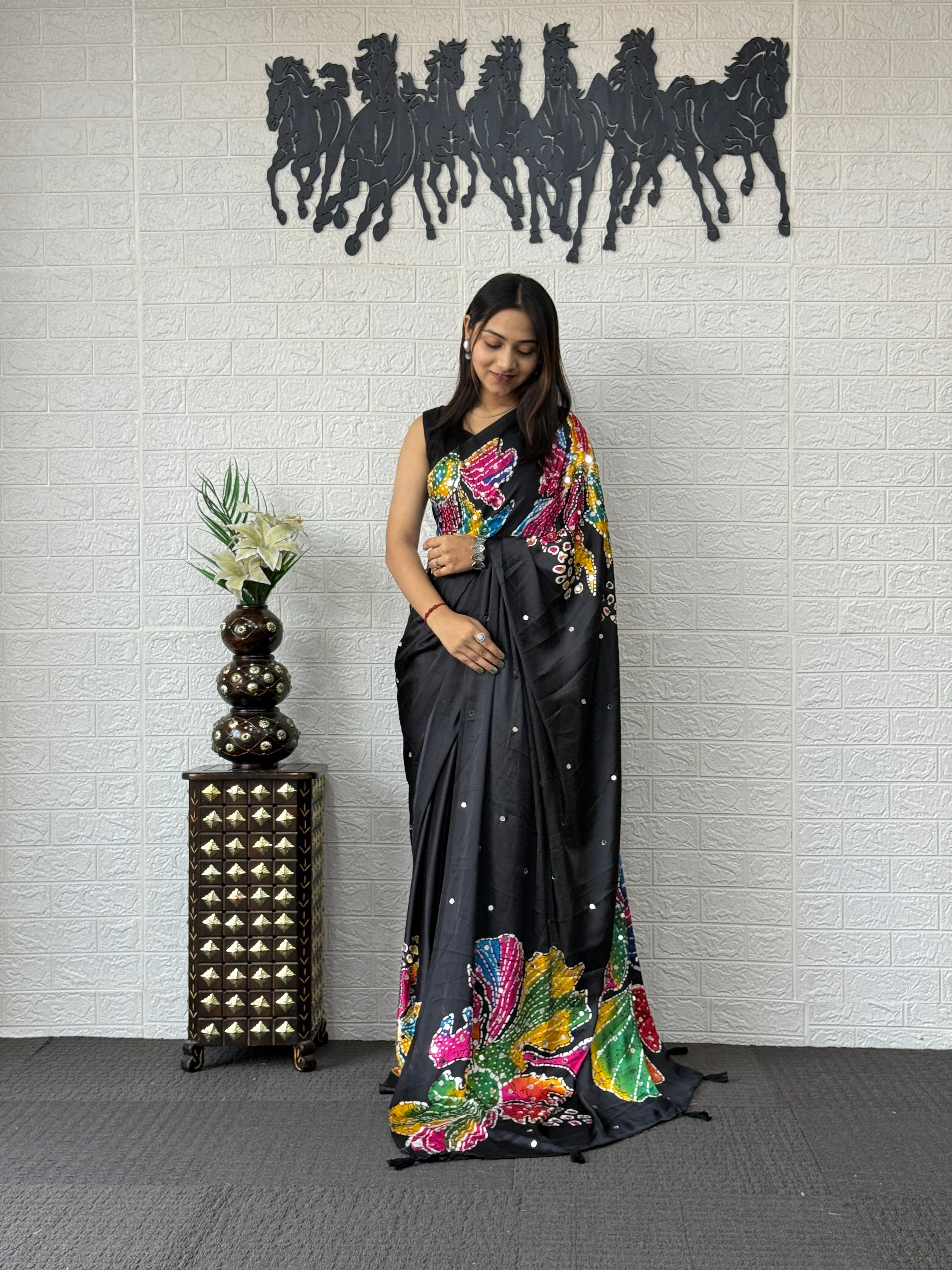 Magnetic Party Wear Pure Silk Mirror Work Designer Saree With Blouse Piece
