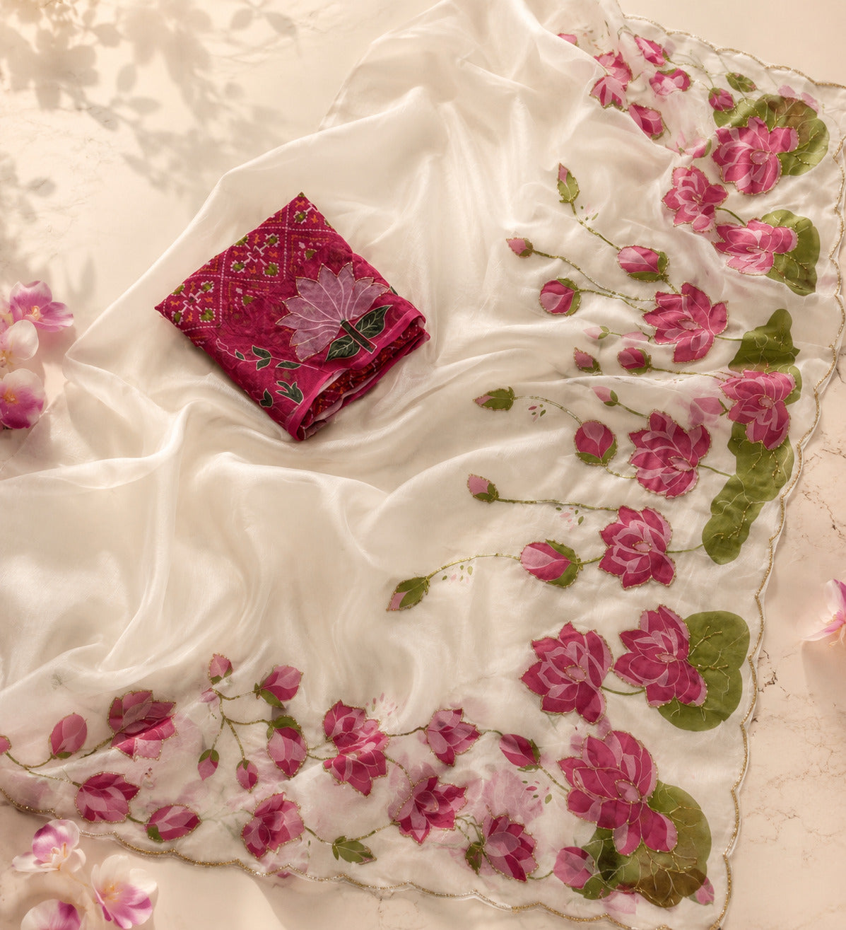 Glamorous Wedding Wear Pure Soft Silk Floral Prints n Handwork Designer Saree With Contrast Blouse Piece