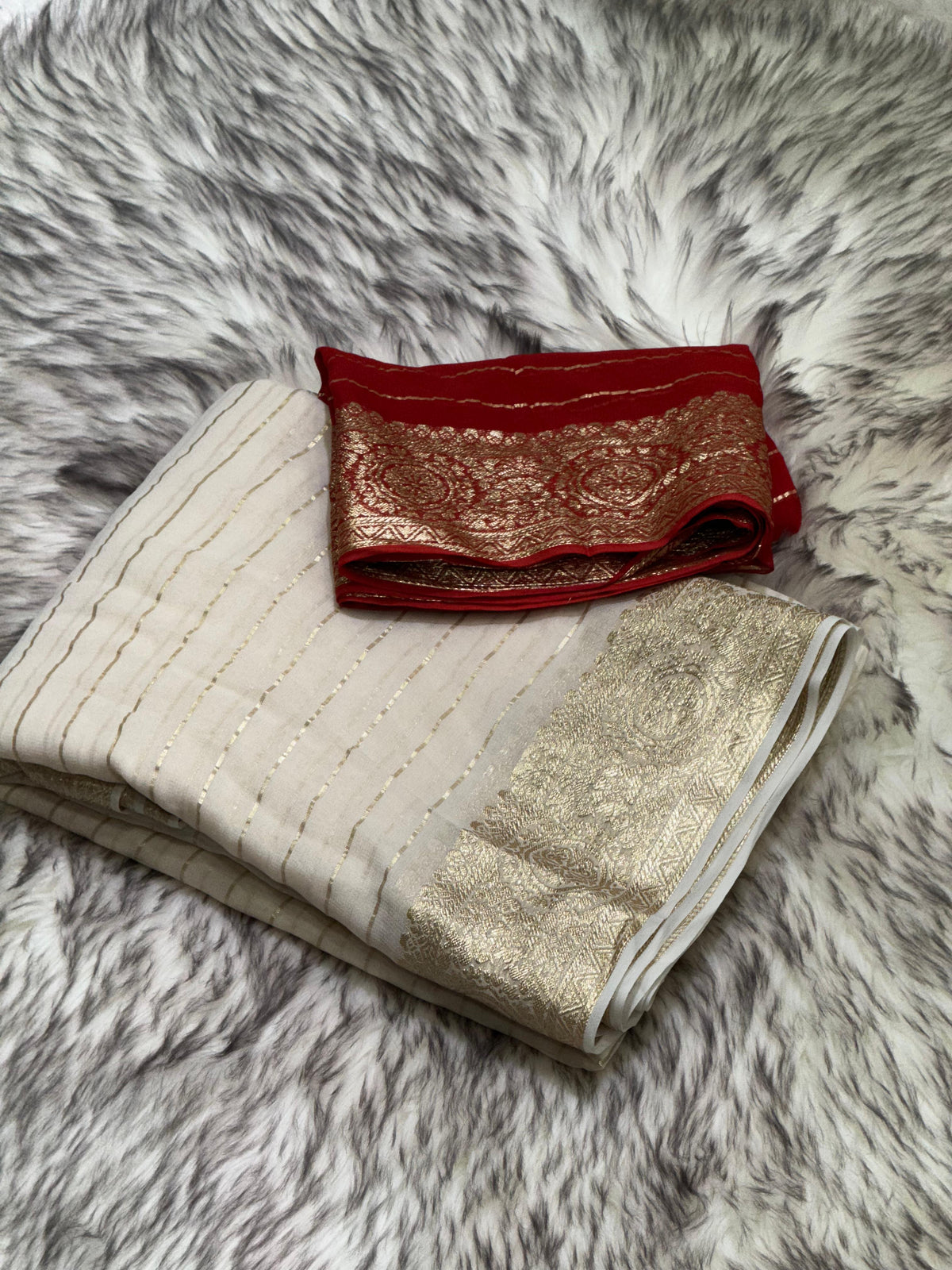 Latest Wedding wear Off White Color Viscose Georgette Jacquard Weaving Work Designer Saree