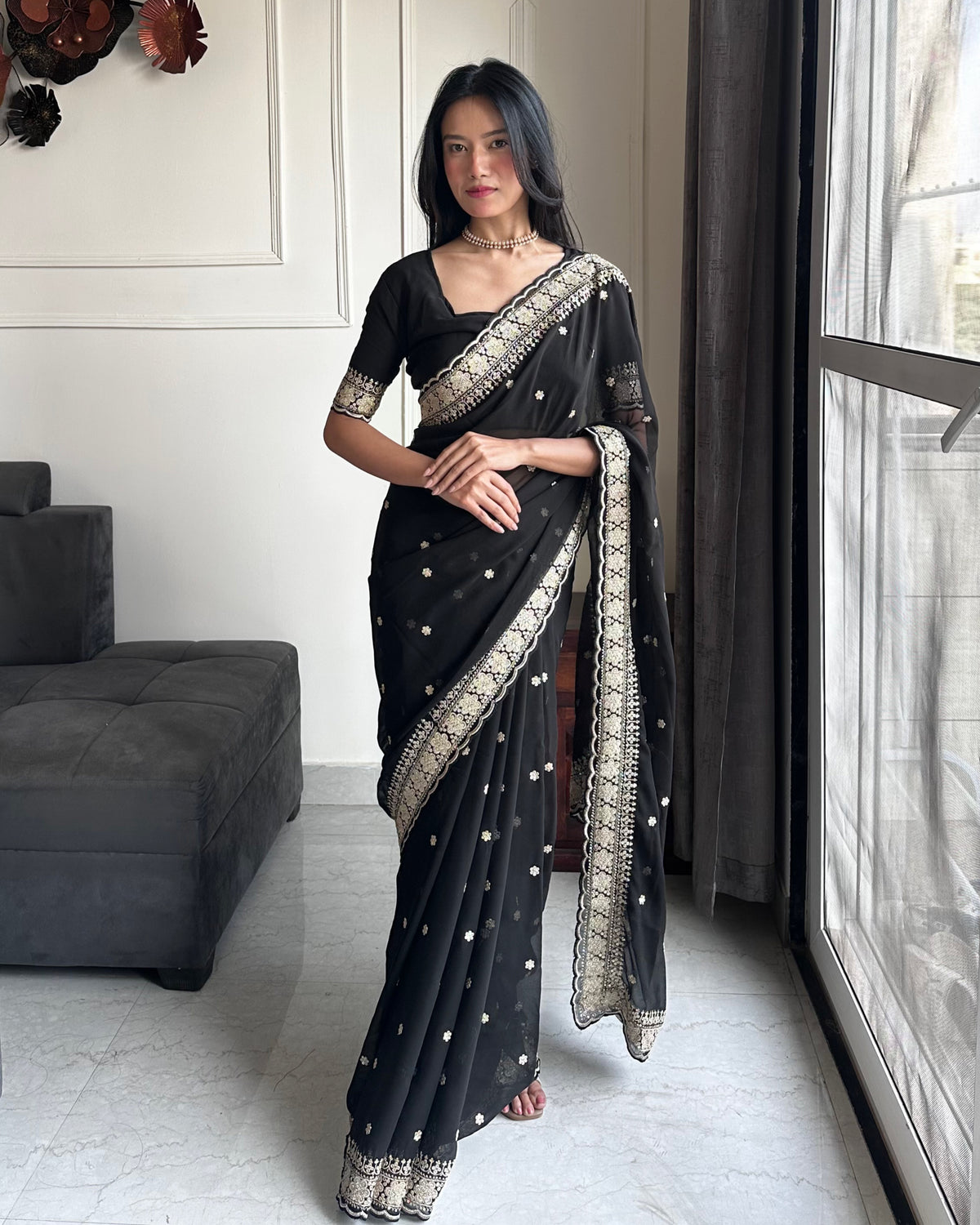 Exquisite Party Wear Soft Faux Georgette Embroidery n Sequence Zari Work Fancy Designer Saree With Unstithced Blouse Piece