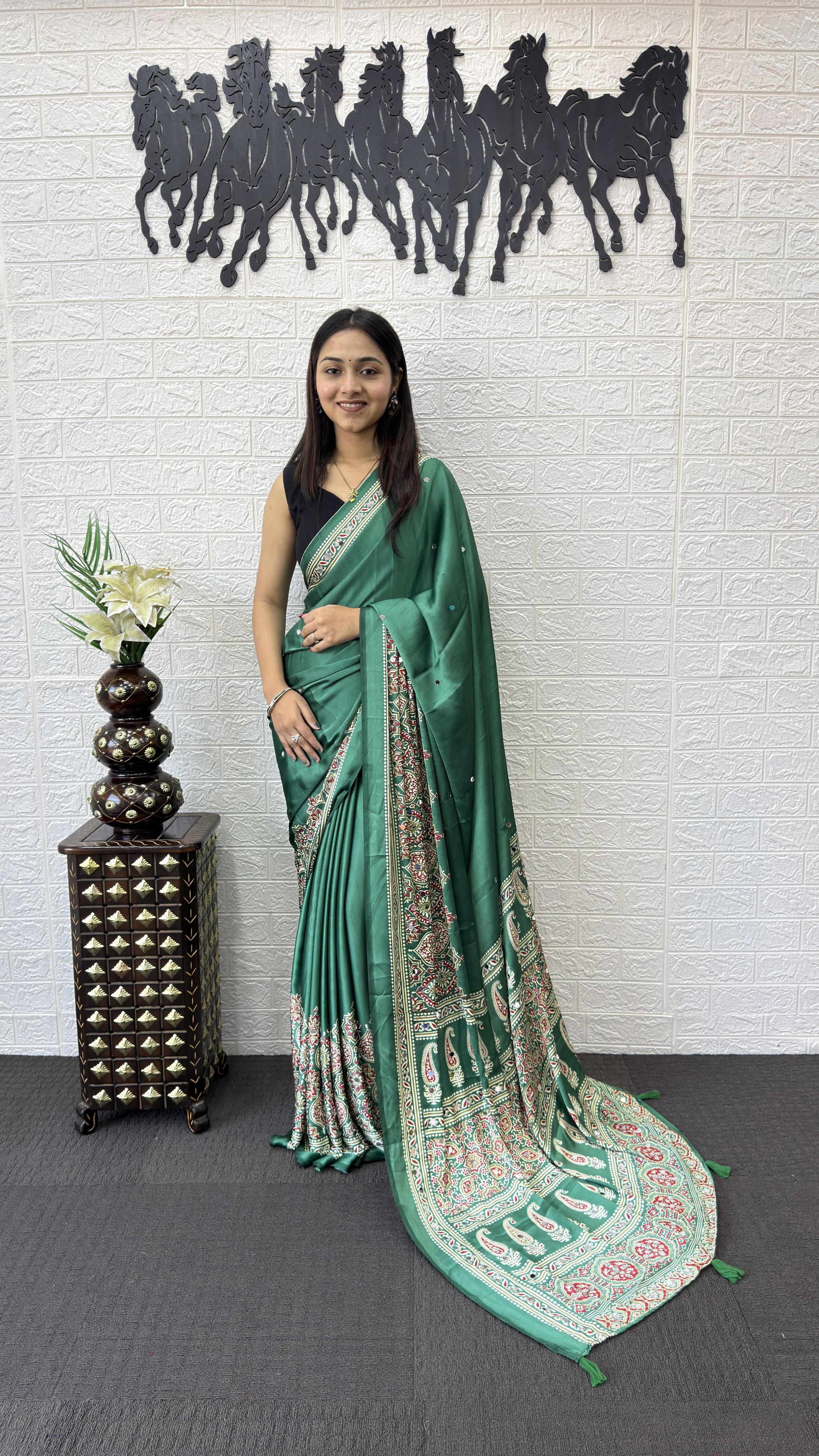 Divine Function Wear Satin Silk Heavy Mirror n Latkan Pallu Designer Saree With Unstitched Blouse Piece