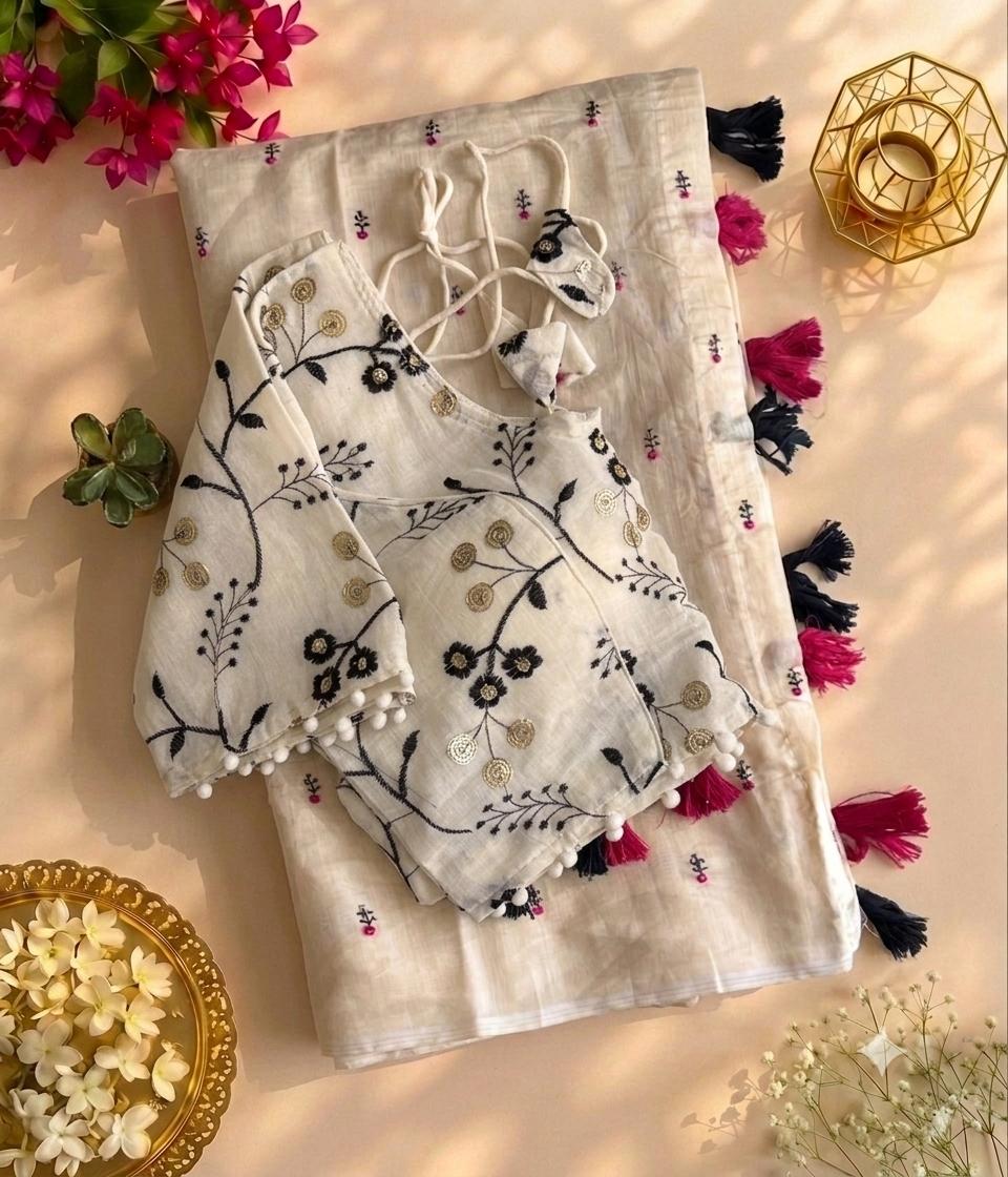 Desiring Function Wear Chanderi Cotton Embroidery n Tussels Work Designer Saree With Stitched Blouse