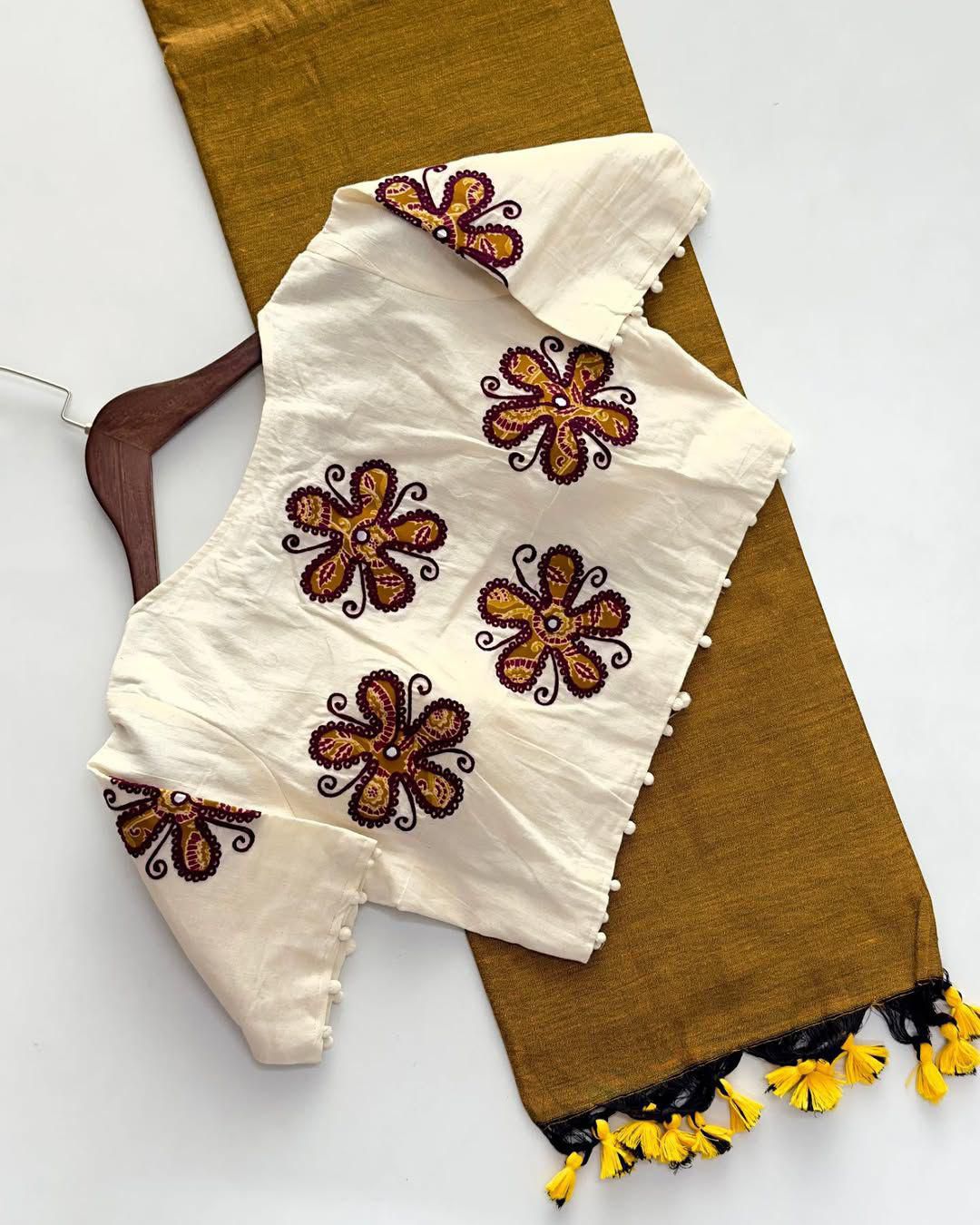 Latest Cotton Fabric Tussels Work Fancy Designer Function Wear Saree With Stitched Blouse