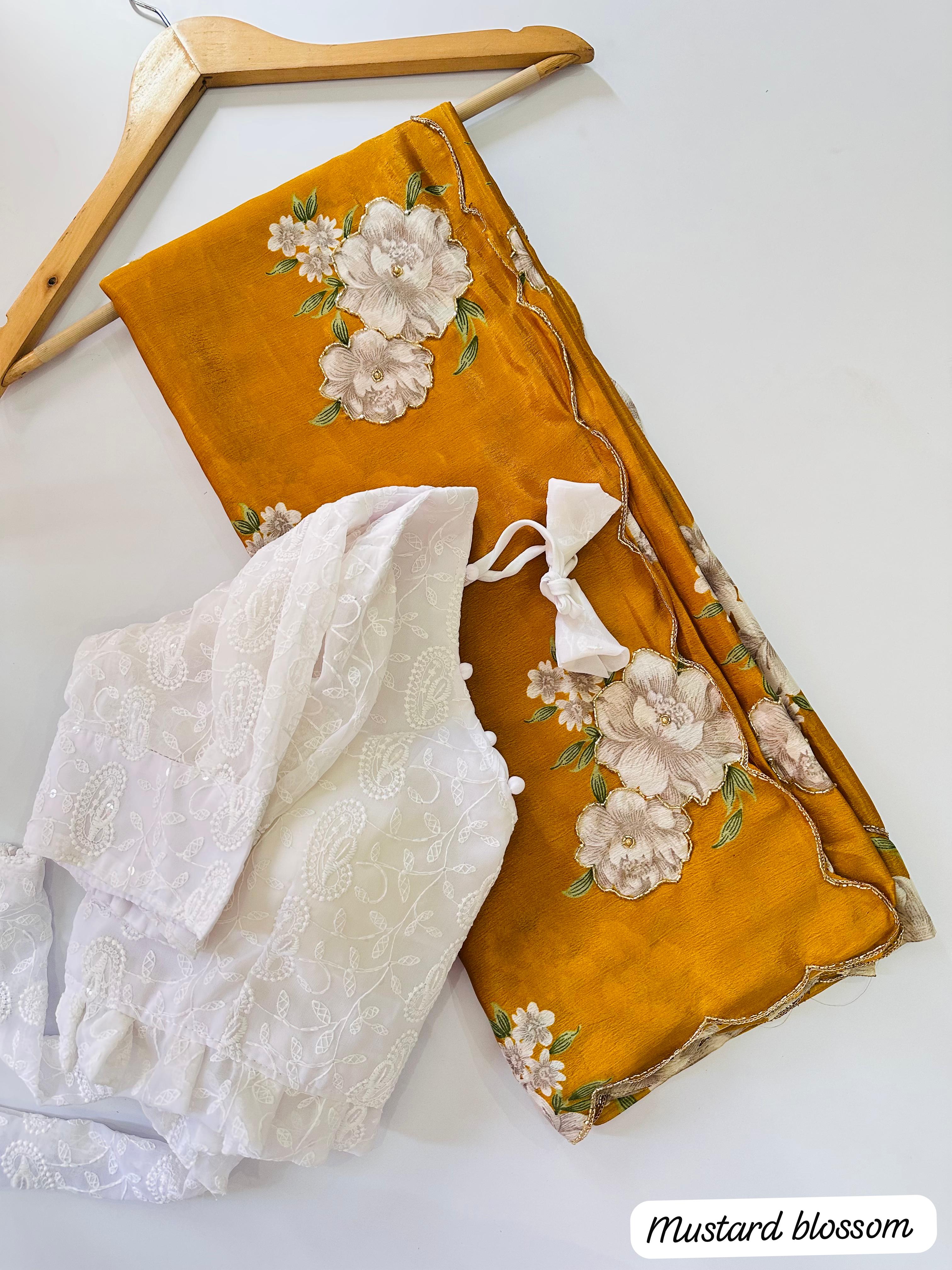 Heavy Pure Chinnon Fabric Flower Print with Handwork Fancy Designer Saree With Unstitched Blouse Piece