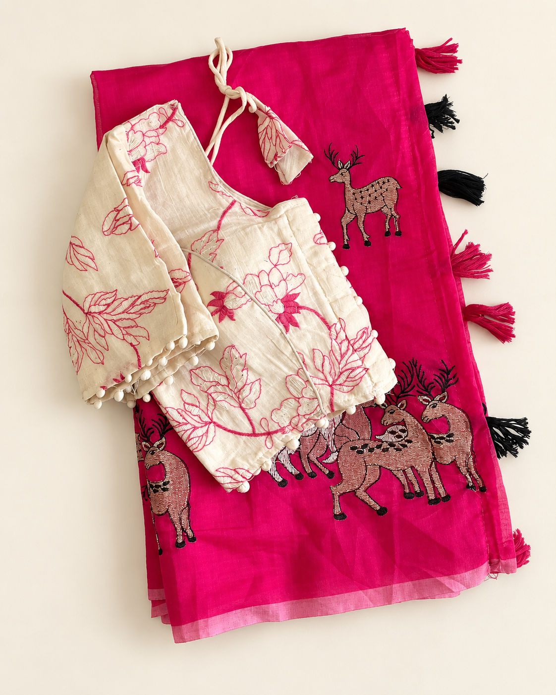 Effervescent Function Wear Chanderi Cotton Embroidered n Tussels Work Fancy Saree With Stitched Blouse