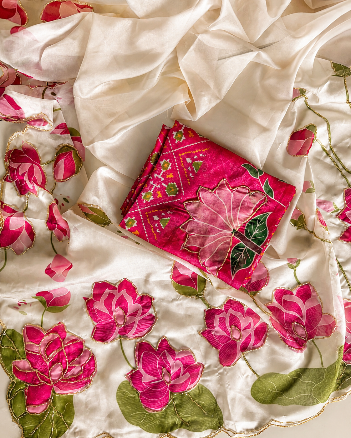 Glamorous Wedding Wear Pure Soft Silk Floral Prints n Handwork Designer Saree With Contrast Blouse Piece
