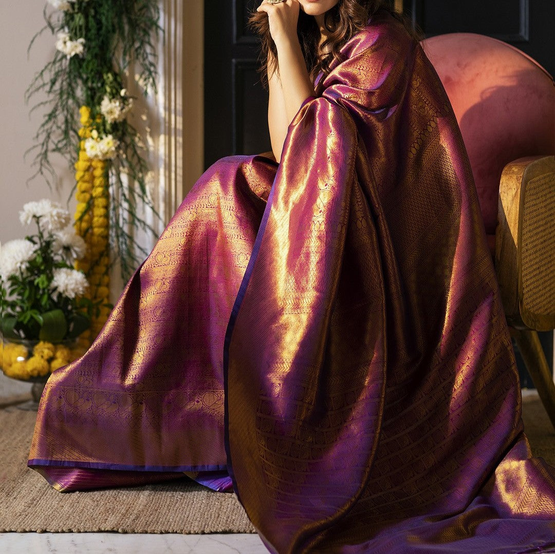 Latest Purple Color Kanjivaram Silk Jacquard Weaving Work Wedding Wear Designer Saree