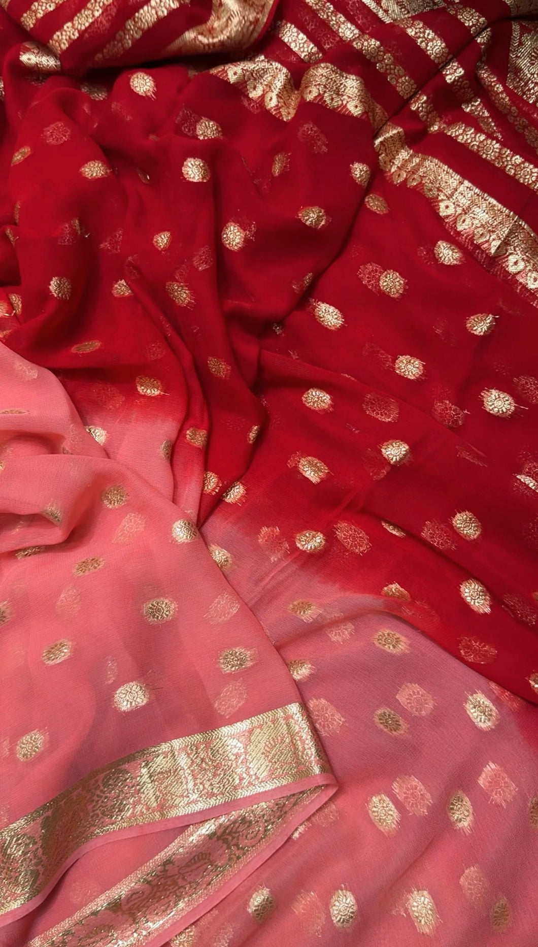 New Wedding Wear Red n Peach Color Viscose Georgette Jacquard Zari Work Fancy Designer Saree