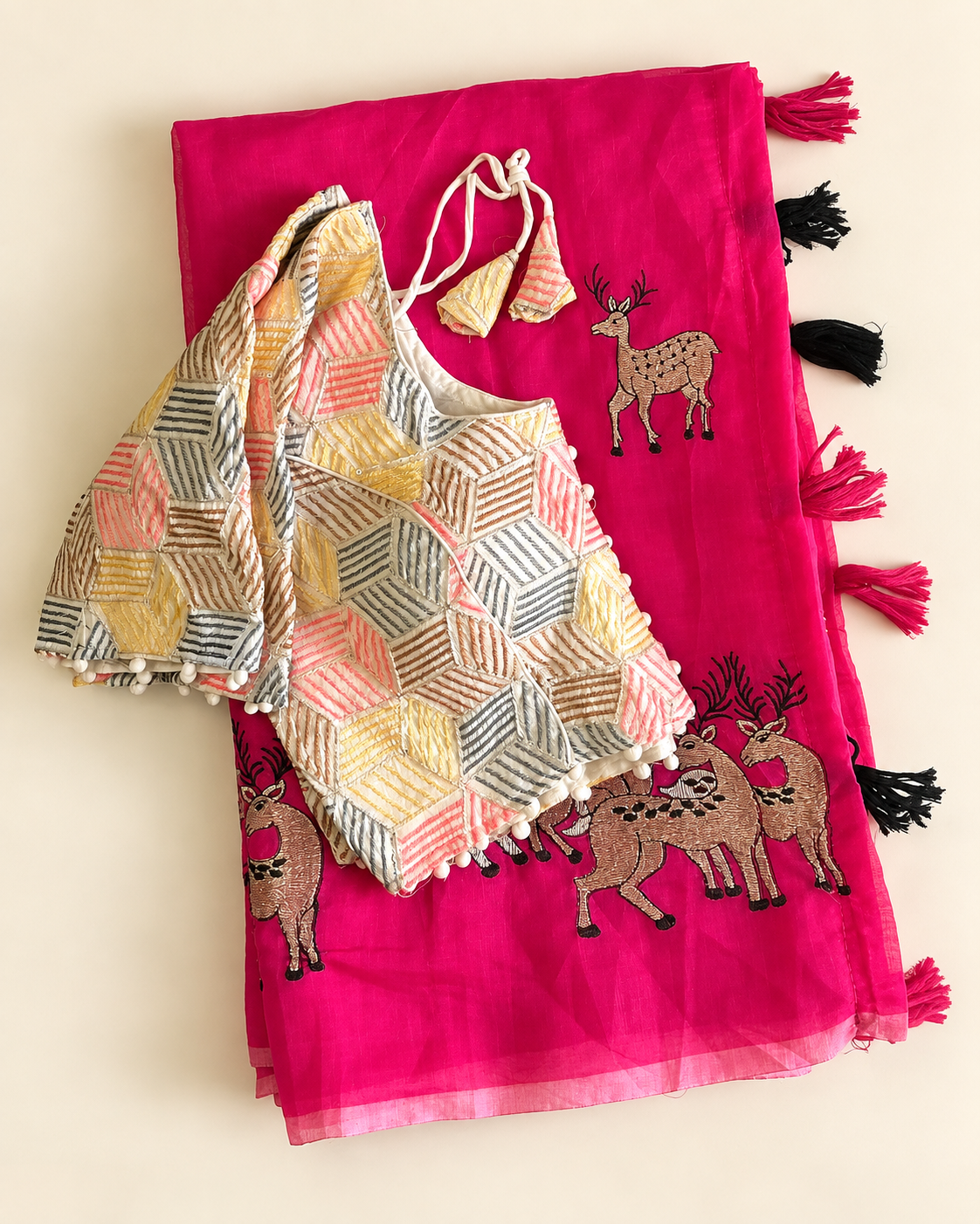 Effervescent Function Wear Chanderi Cotton Embroidered n Tussels Work Fancy Saree With Stitched Blouse