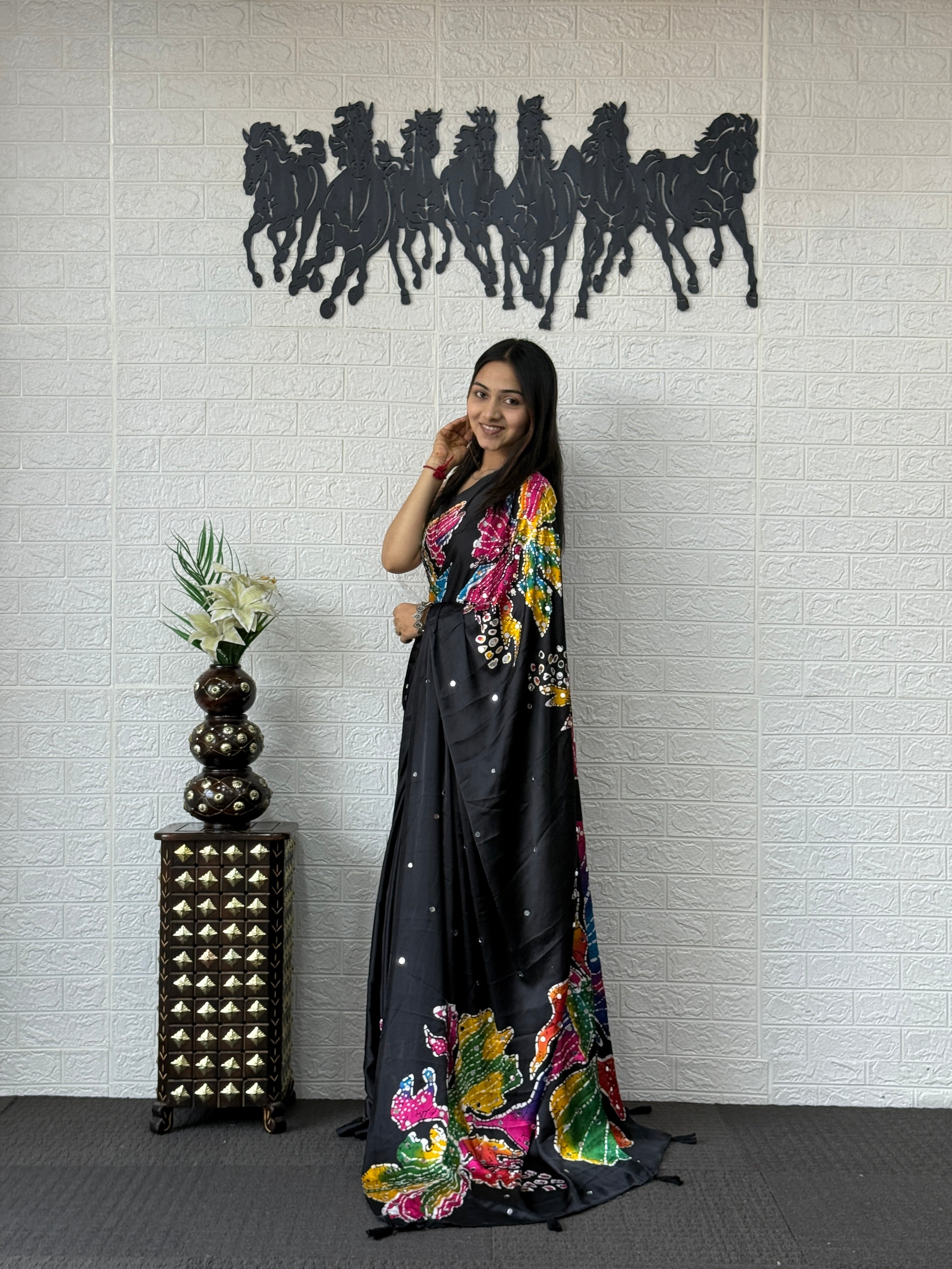 Magnetic Party Wear Pure Silk Mirror Work Designer Saree With Blouse Piece