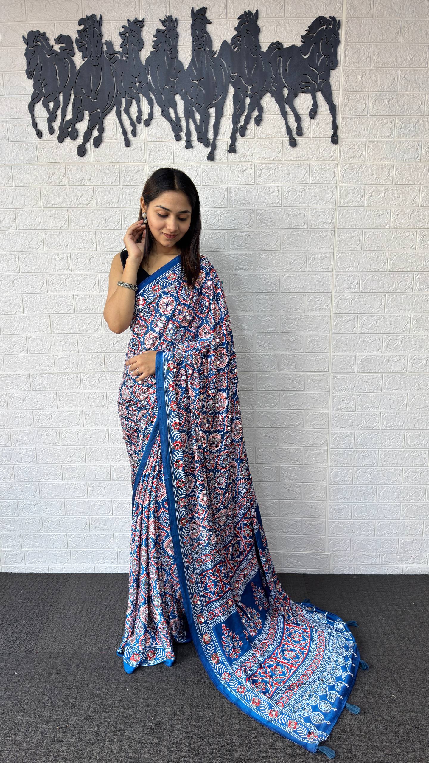 Charming Festive Wear Satin Silk Heavy Mirror n Latkan Pallu Designer Saree With Unstitched Blouse Piece