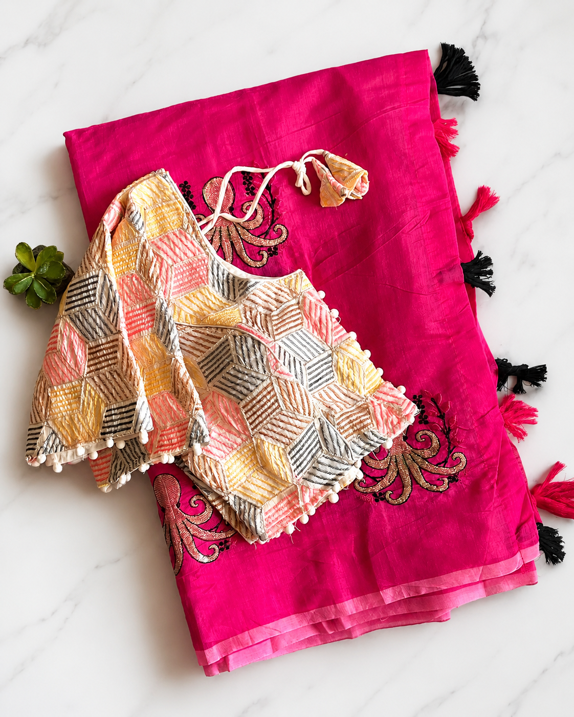 Desiring Function Wear Chanderi Cotton Embroidery n Tussels Work Fancy Saree With Stitched Blouse