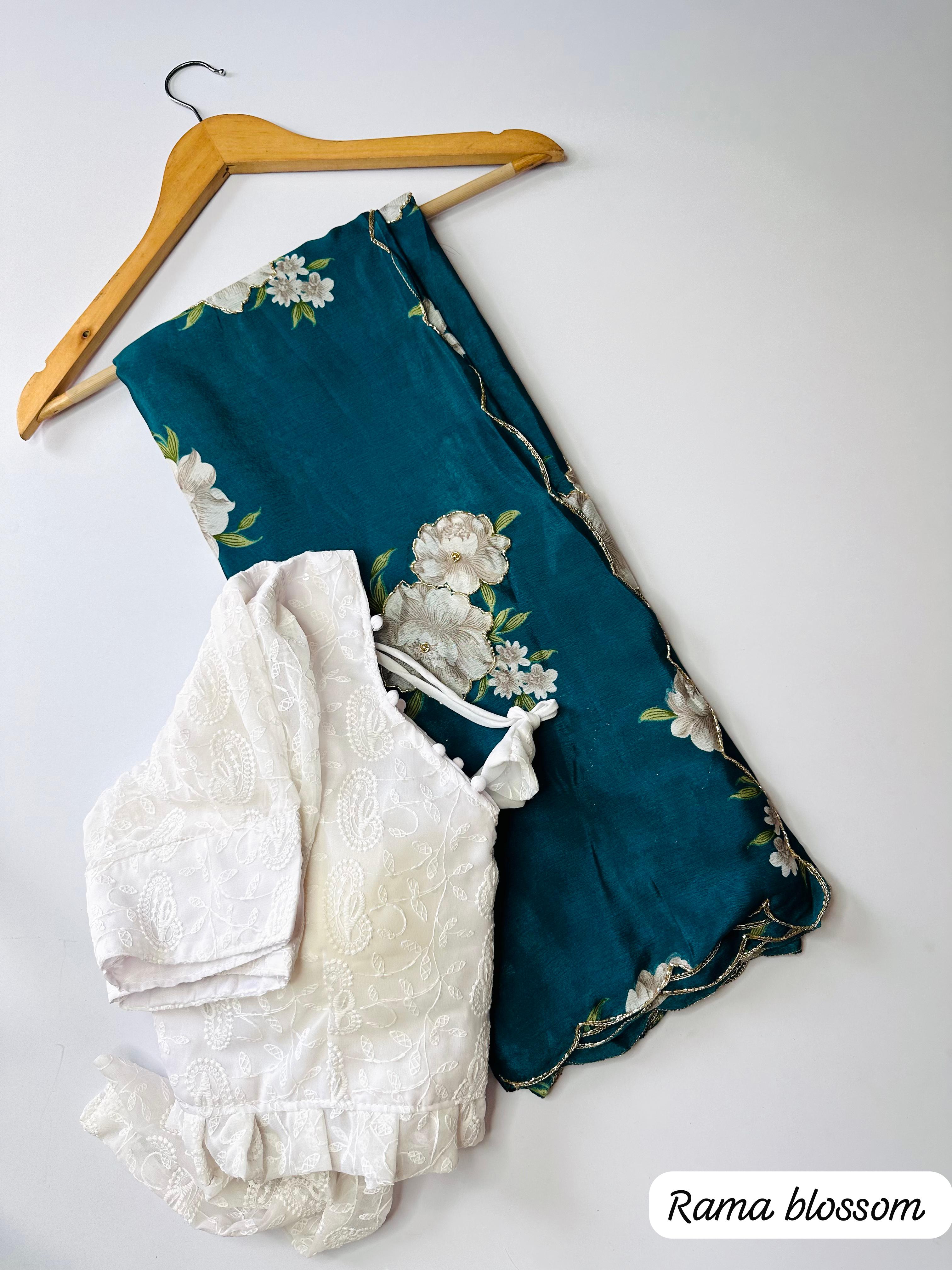 Heavy Pure Chinnon Fabric Flower Print with Handwork Fancy Designer Saree With Unstitched Blouse Piece
