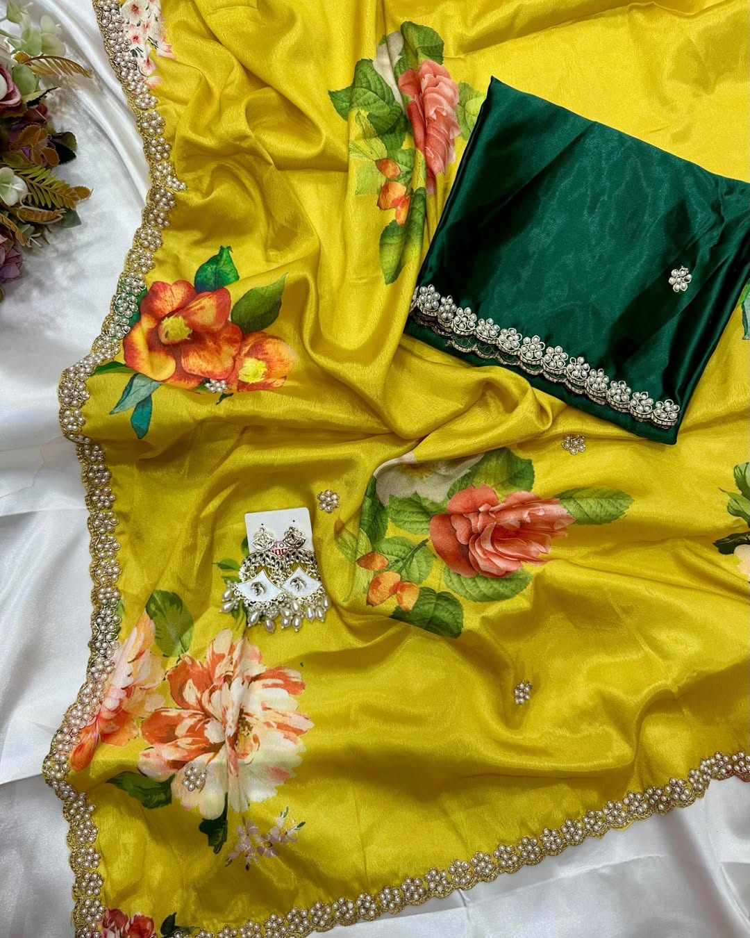 New Wedding Wear Pure Chinnon Silk Print Embroidery n Diamond Work Fancy Designer Saree