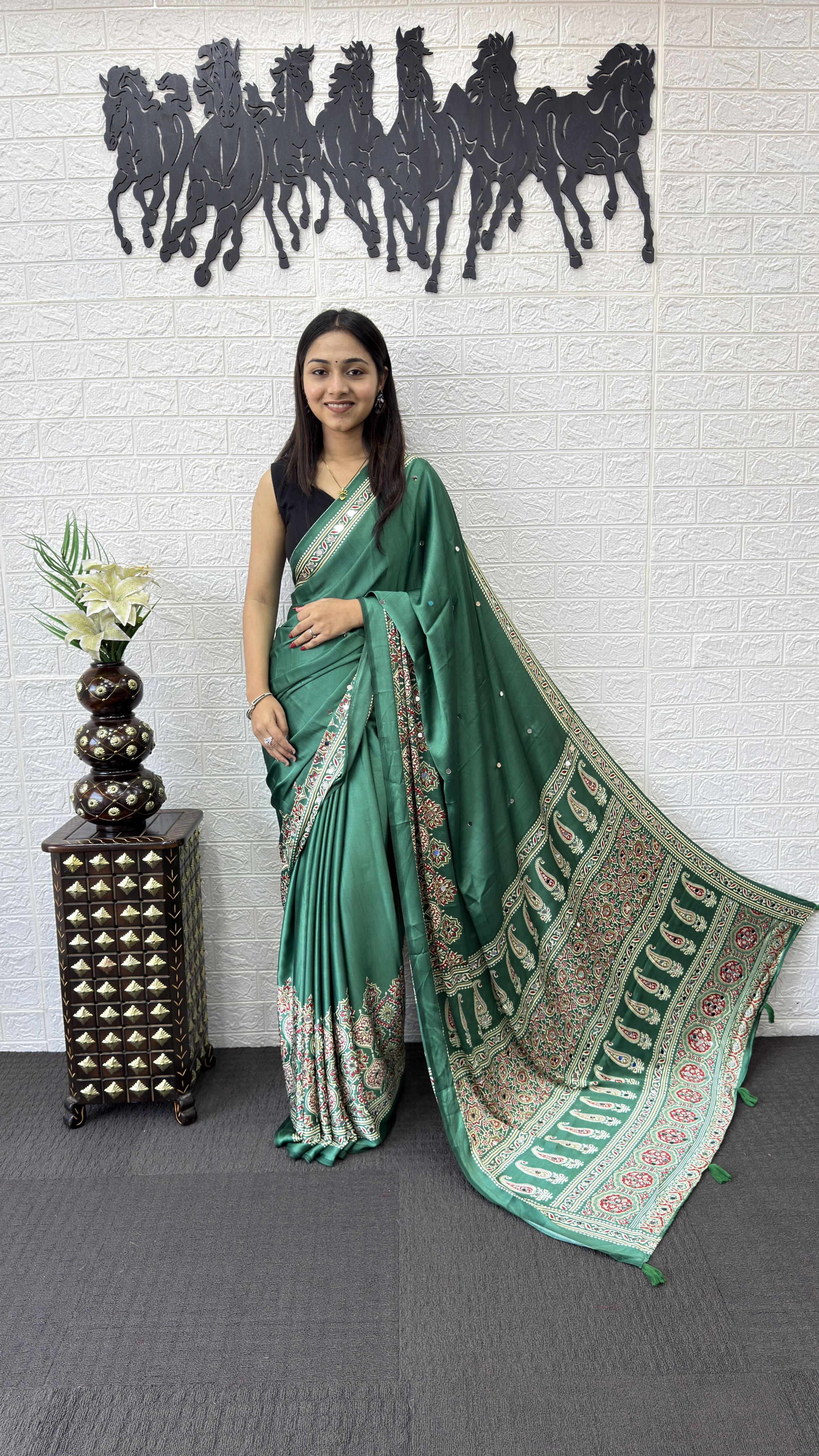 Divine Function Wear Satin Silk Heavy Mirror n Latkan Pallu Designer Saree With Unstitched Blouse Piece
