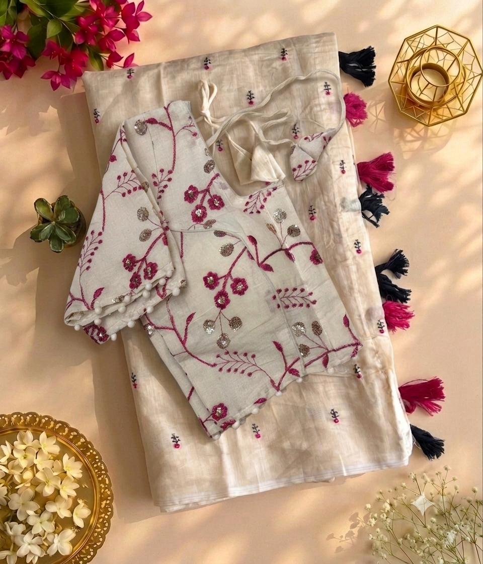 Desiring Function Wear Chanderi Cotton Embroidery n Tussels Work Designer Saree With Stitched Blouse