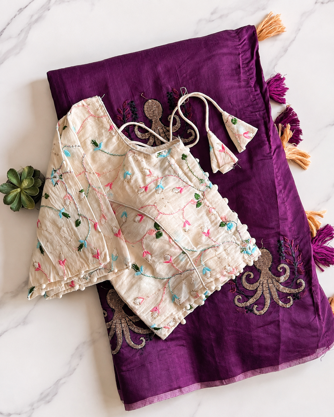Desiring Function Wear Chanderi Cotton Embroidery n Tussels Work Fancy Saree With Stitched Blouse