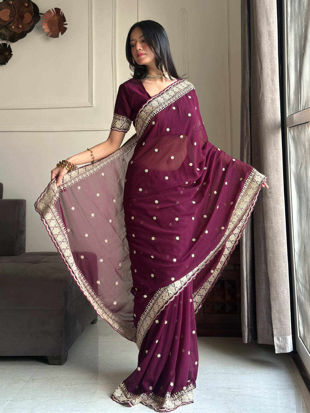 Exquisite Party Wear Soft Faux Georgette Embroidery n Sequence Zari Work Fancy Designer Saree With Unstithced Blouse Piece