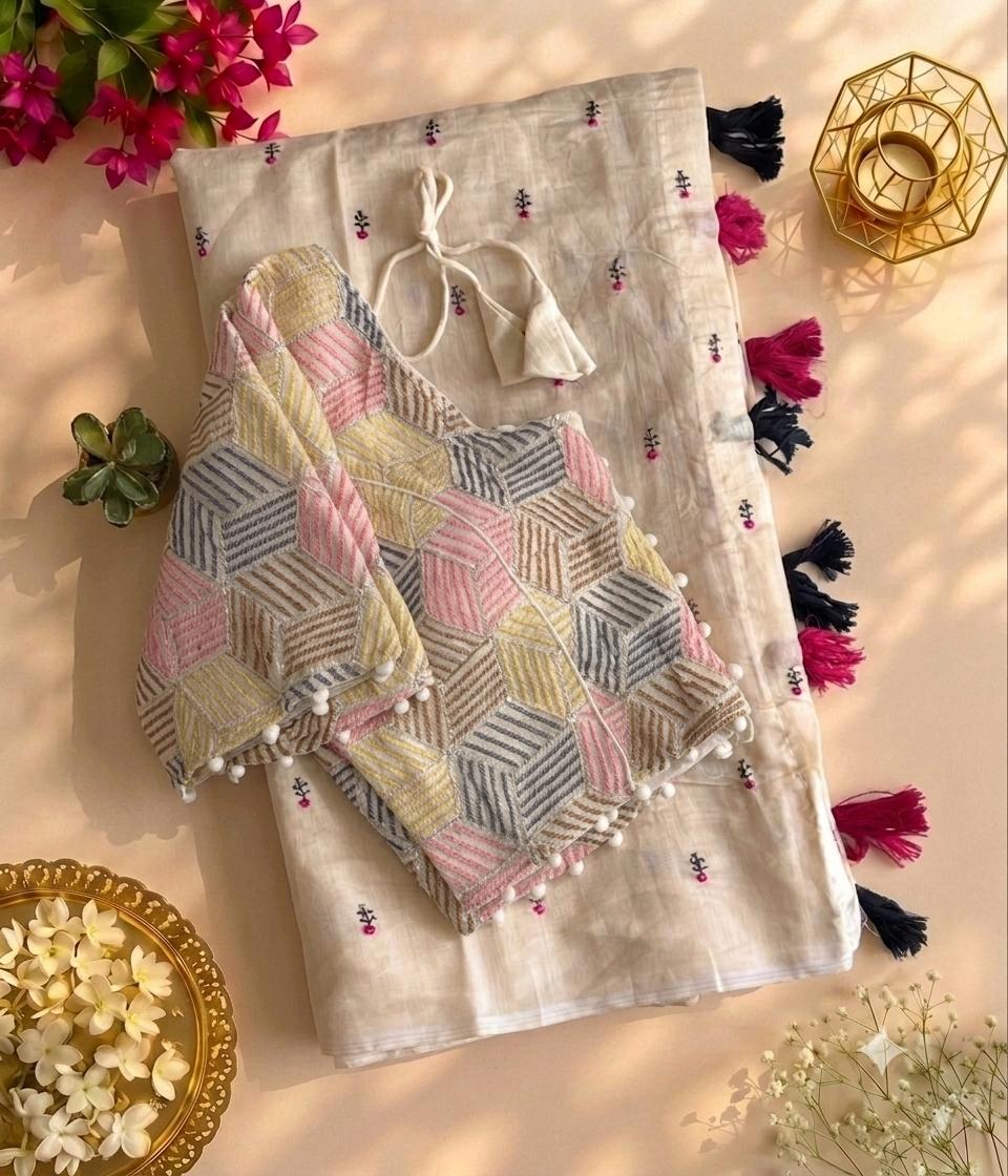 Desiring Function Wear Chanderi Cotton Embroidery n Tussels Work Designer Saree With Stitched Blouse