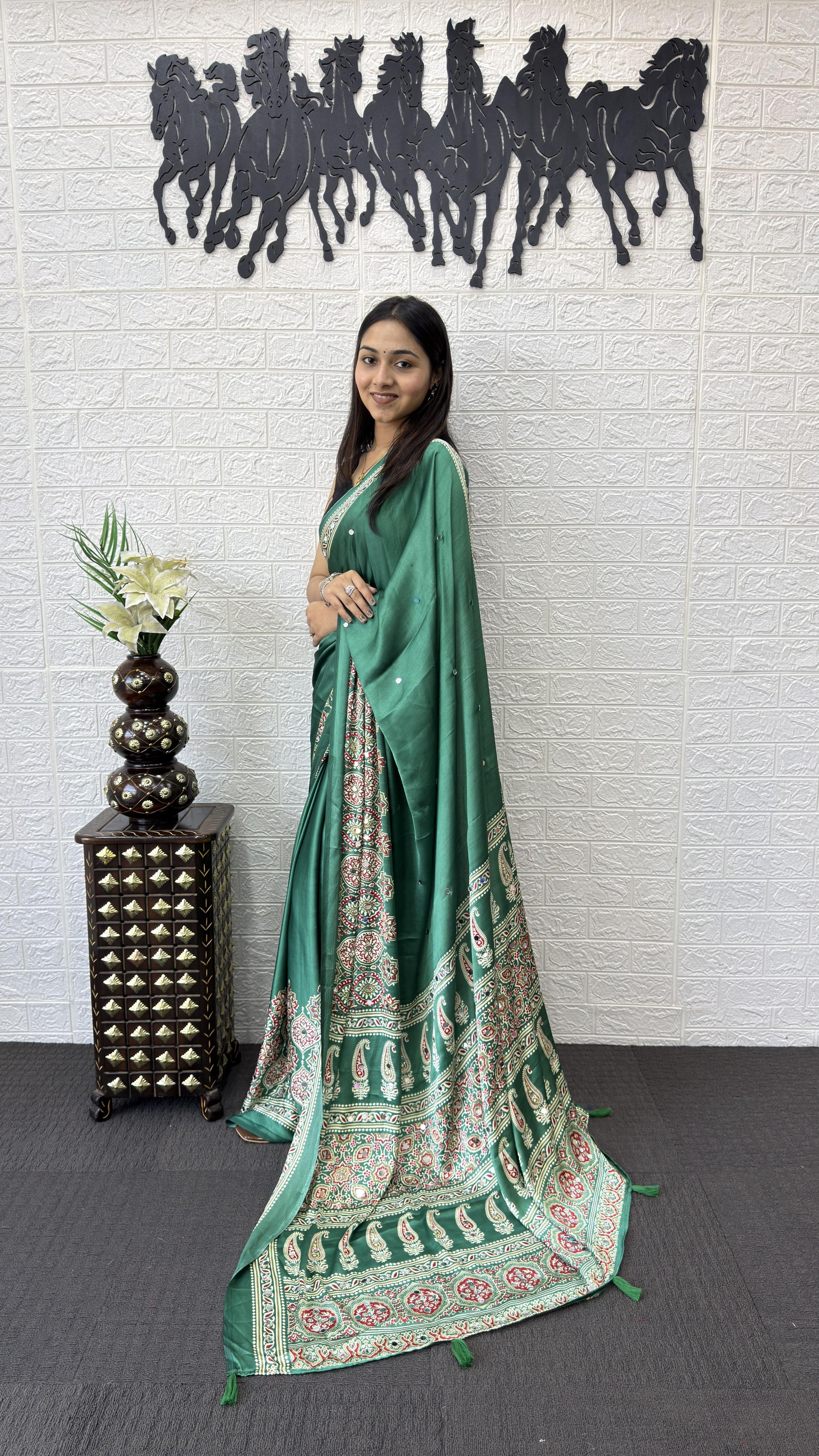 Divine Function Wear Satin Silk Heavy Mirror n Latkan Pallu Designer Saree With Unstitched Blouse Piece