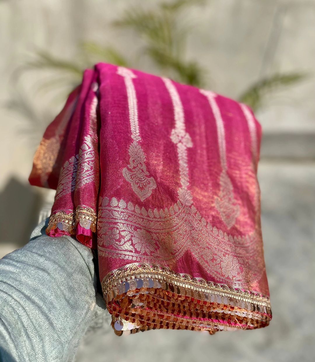 New Beautiful Wedding wear Two Tone Soft Banarasi Tissue Silk Bollywood Style Crushed Sarees