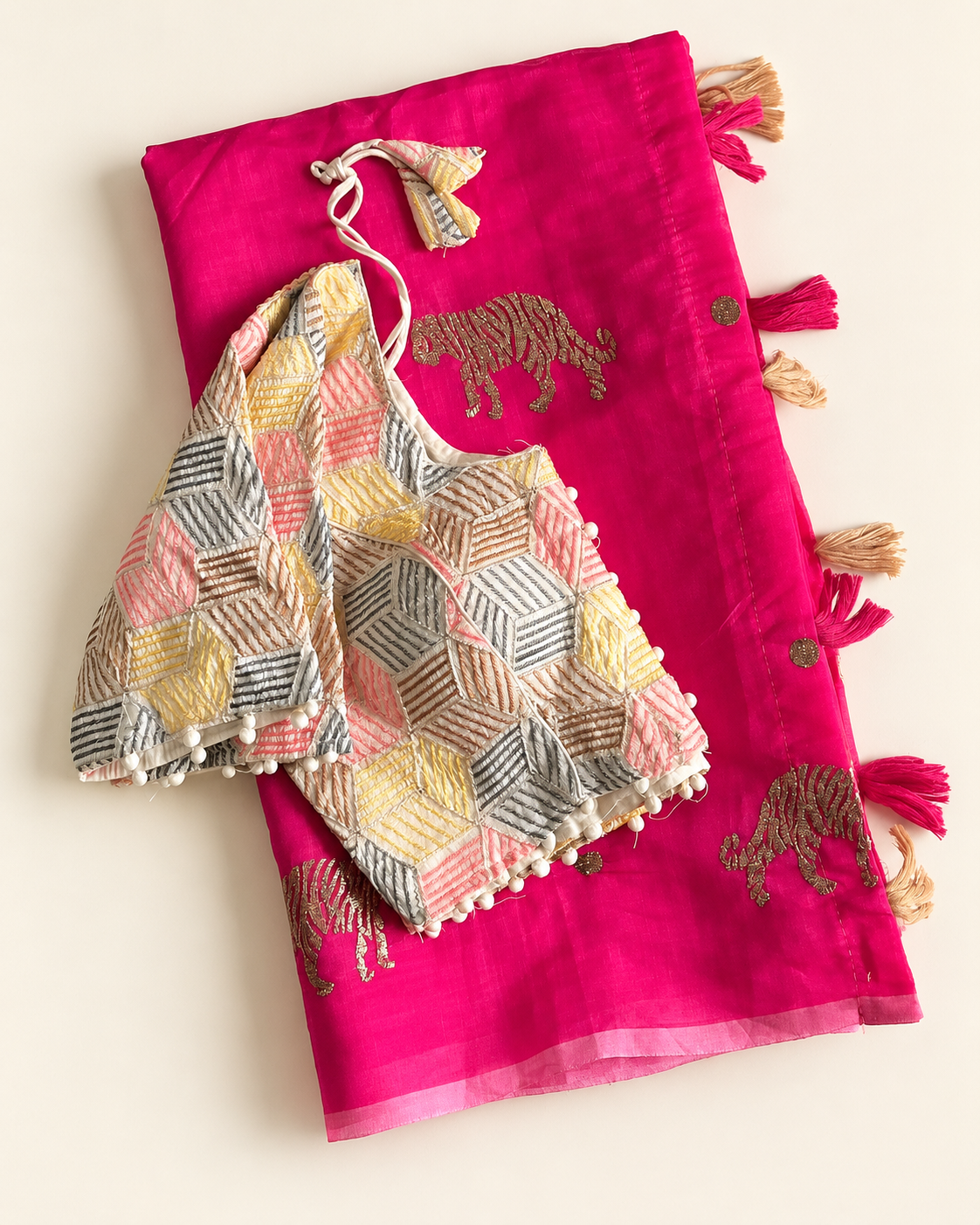 Charismatic Festive Wear Chanderi Cotton Embroidered n Tussels Work Designer Saree With Stitched Blouse
