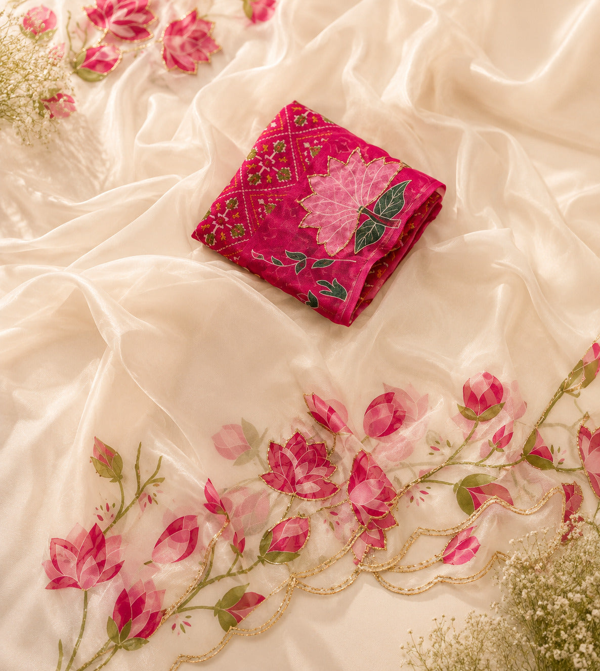 Glamorous Wedding Wear Pure Soft Silk Floral Prints n Handwork Designer Saree With Contrast Blouse Piece