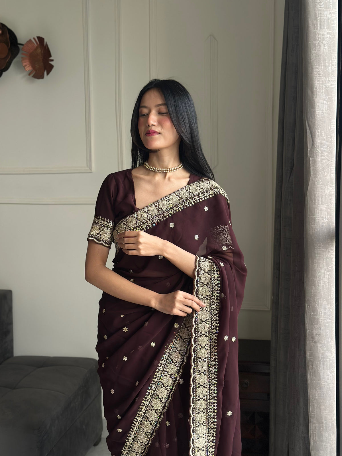 Exquisite Party Wear Soft Faux Georgette Embroidery n Sequence Zari Work Fancy Designer Saree With Unstithced Blouse Piece