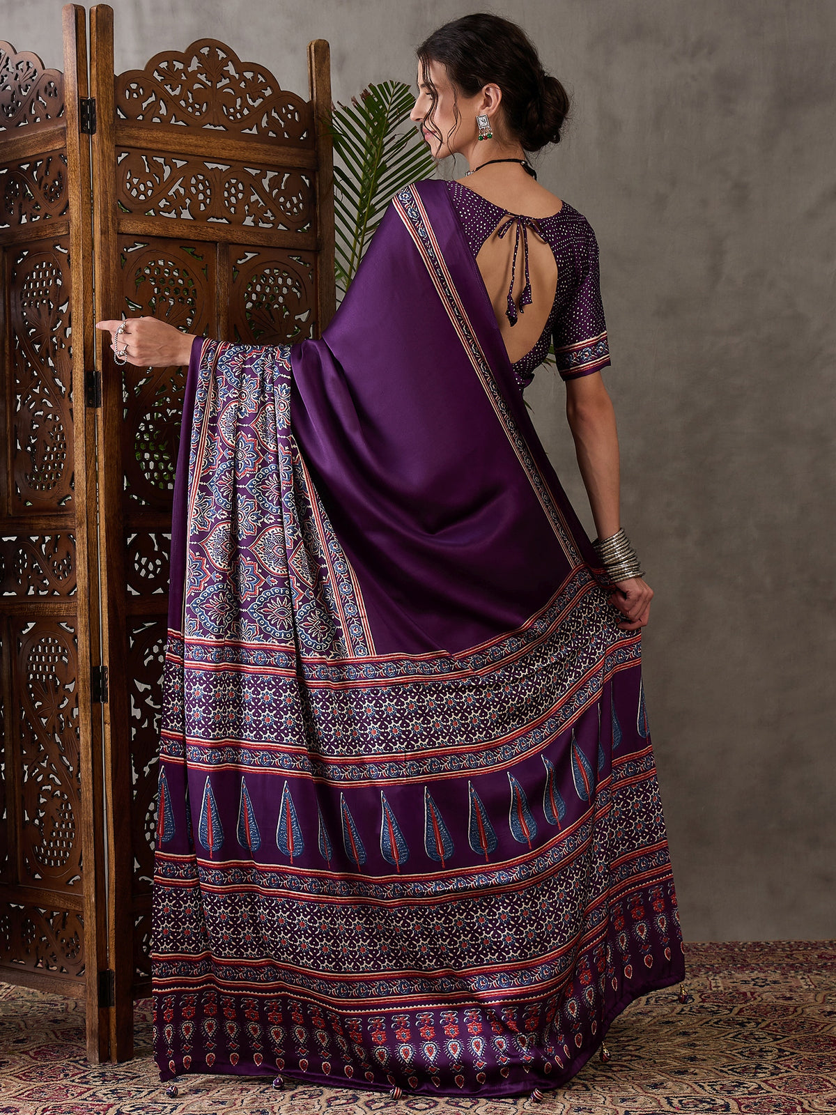 Heritage Function Wear Satin Silk Ajrak Print Rich Pallu Fancy Saree With Unstitched Blouse Piece